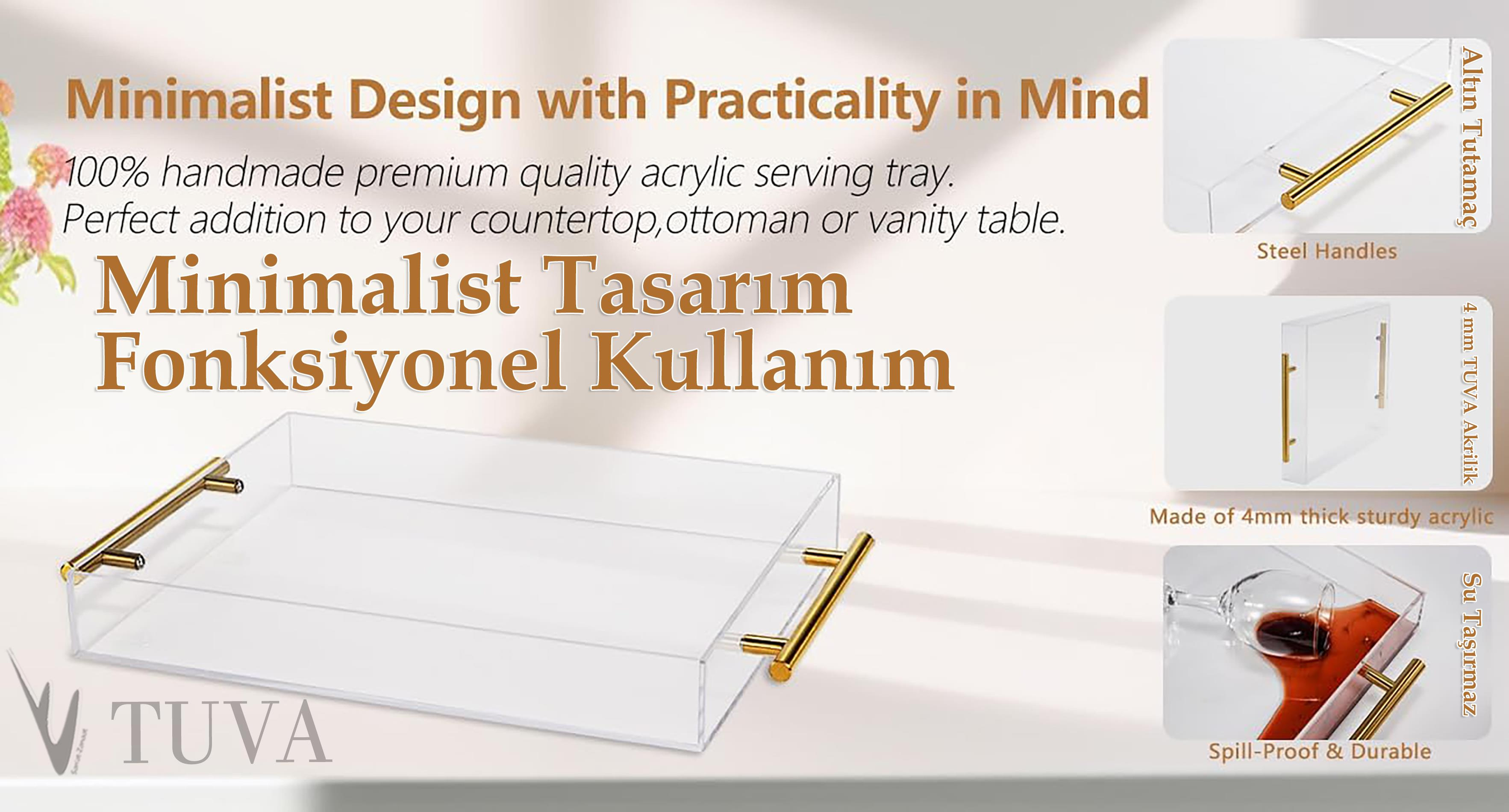Altın Tutmaklı Modern Pleksi Tepsi | Tuva Premium Sunum ve Elit Dekoratif Servis Standı
