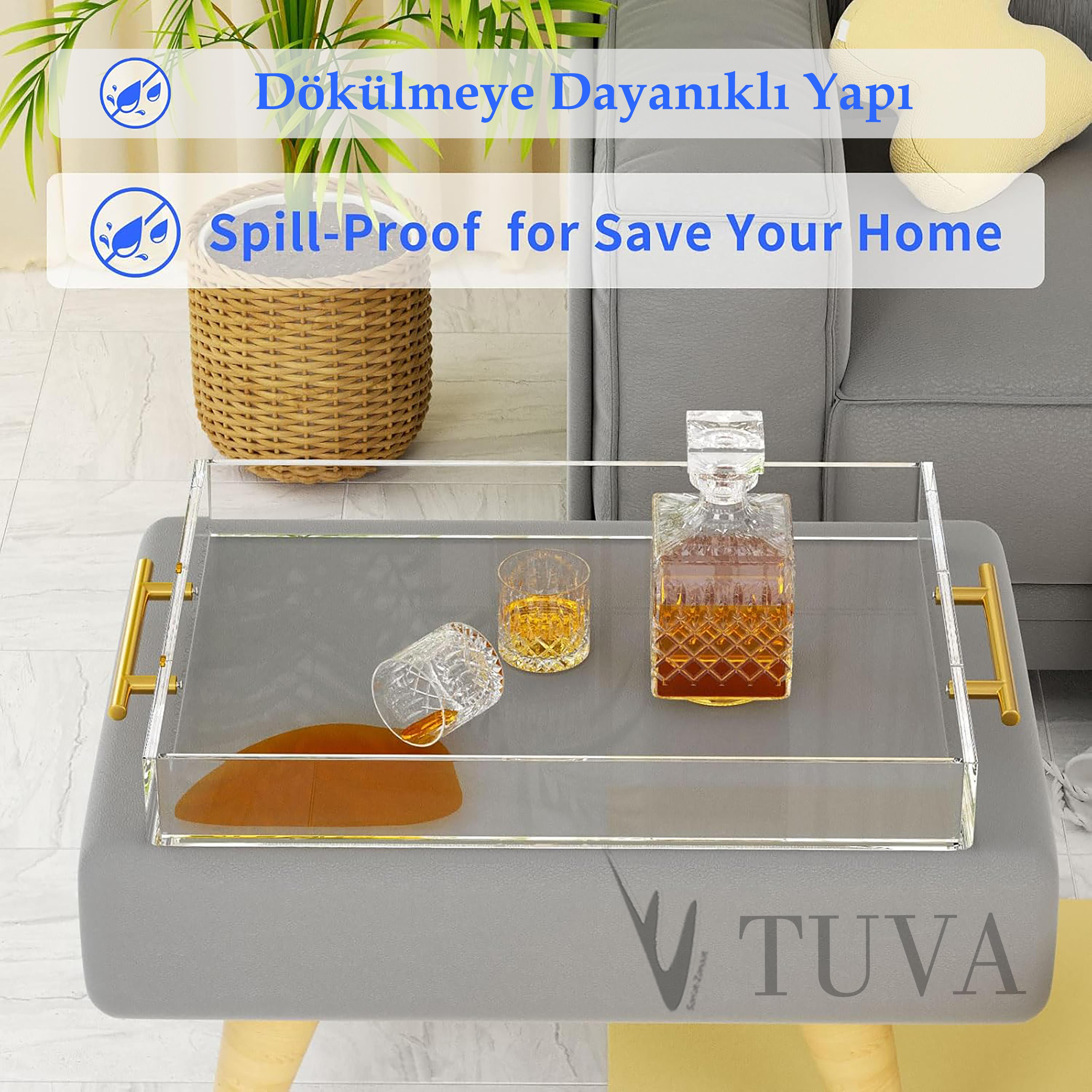 Altın Tutmaklı Modern Pleksi Tepsi | Tuva Premium Sunum ve Elit Dekoratif Servis Standı
