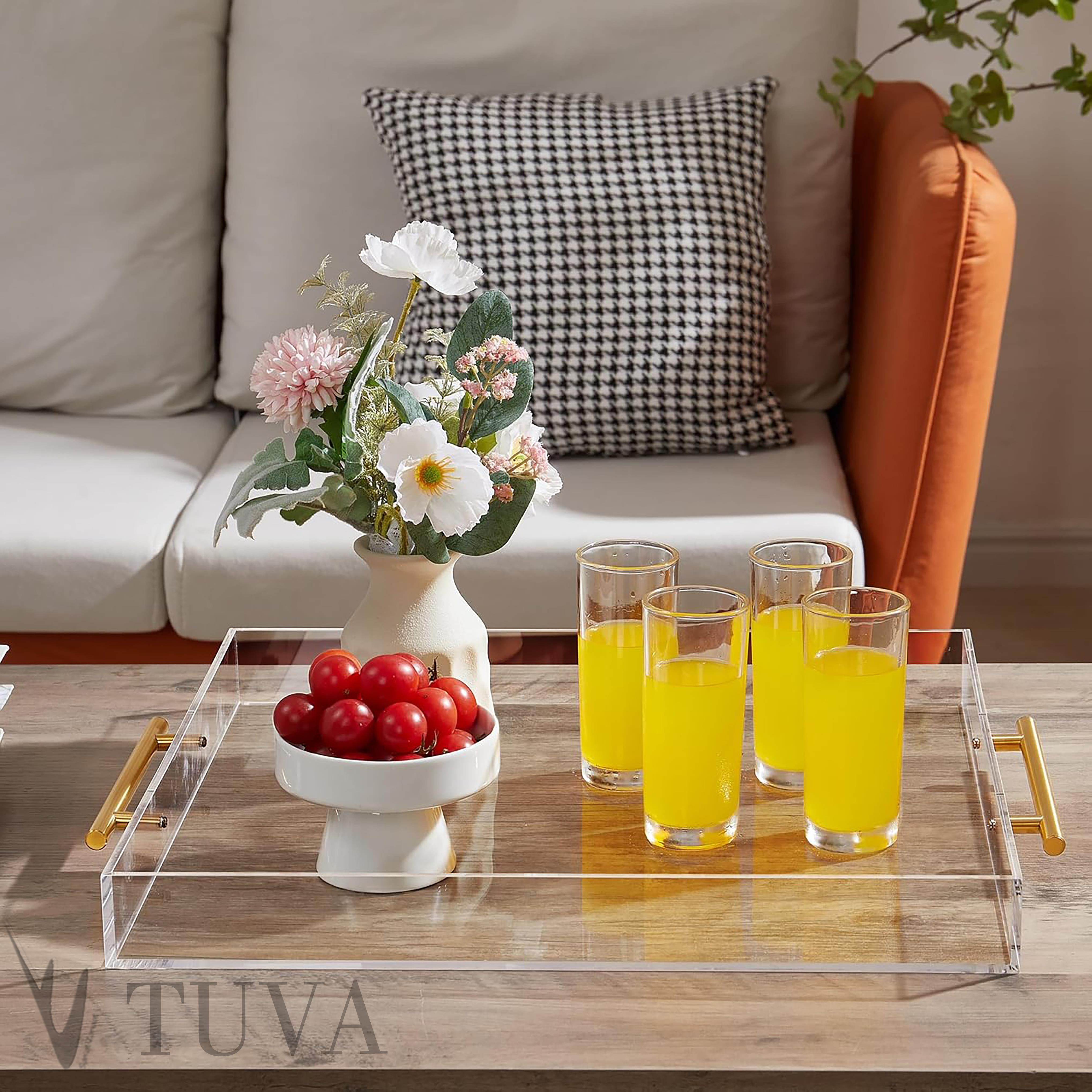 Altın Tutmaklı Modern Pleksi Tepsi | Tuva Premium Sunum ve Elit Dekoratif Servis Standı