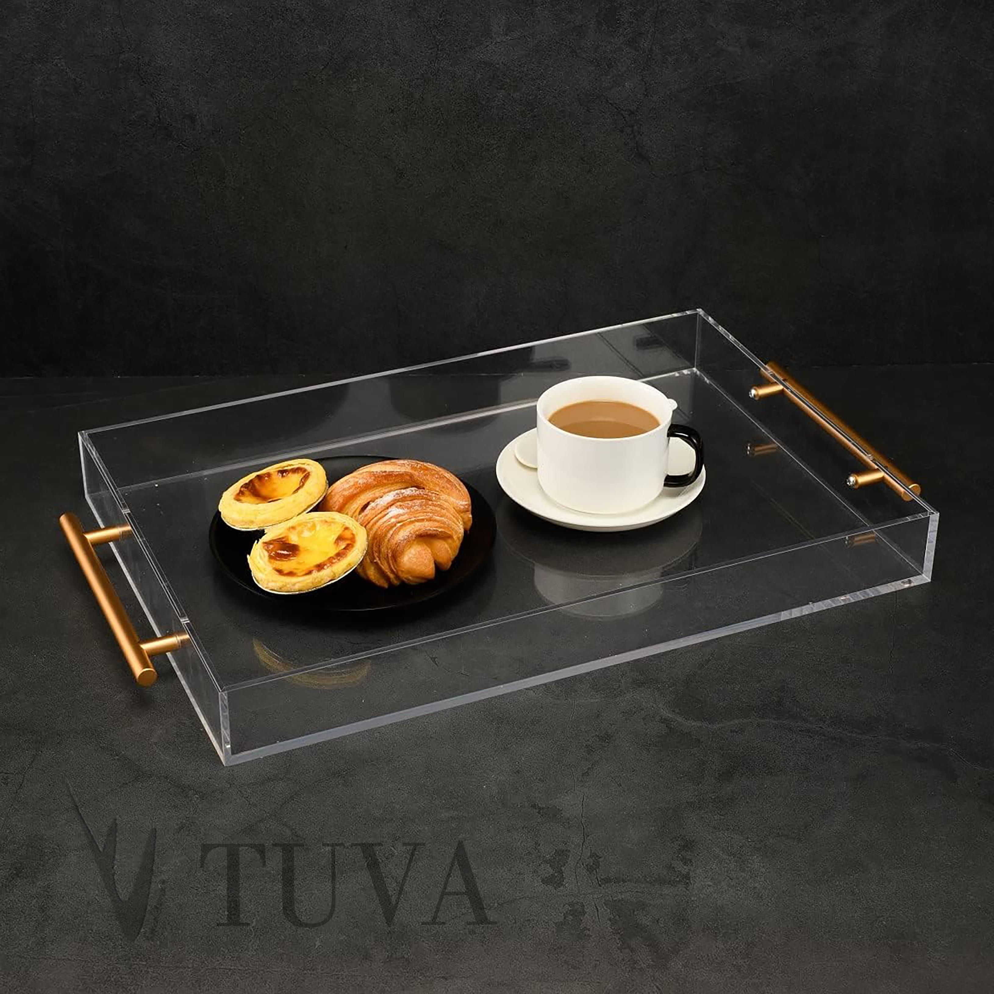 Altın Tutmaklı Modern Pleksi Tepsi | Tuva Premium Sunum ve Elit Dekoratif Servis Standı