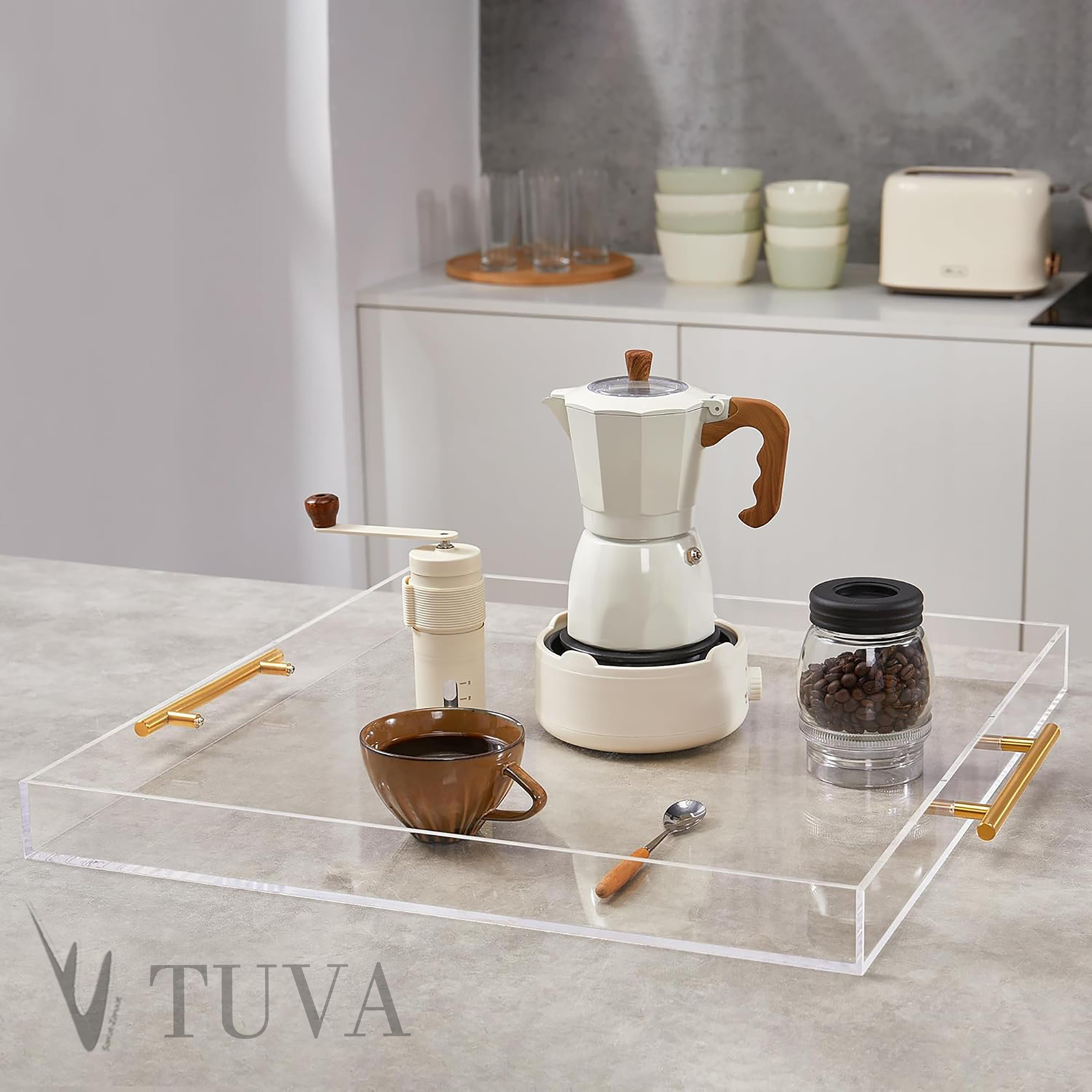 Altın Tutmaklı Modern Pleksi Tepsi | Tuva Premium Sunum ve Elit Dekoratif Servis Standı