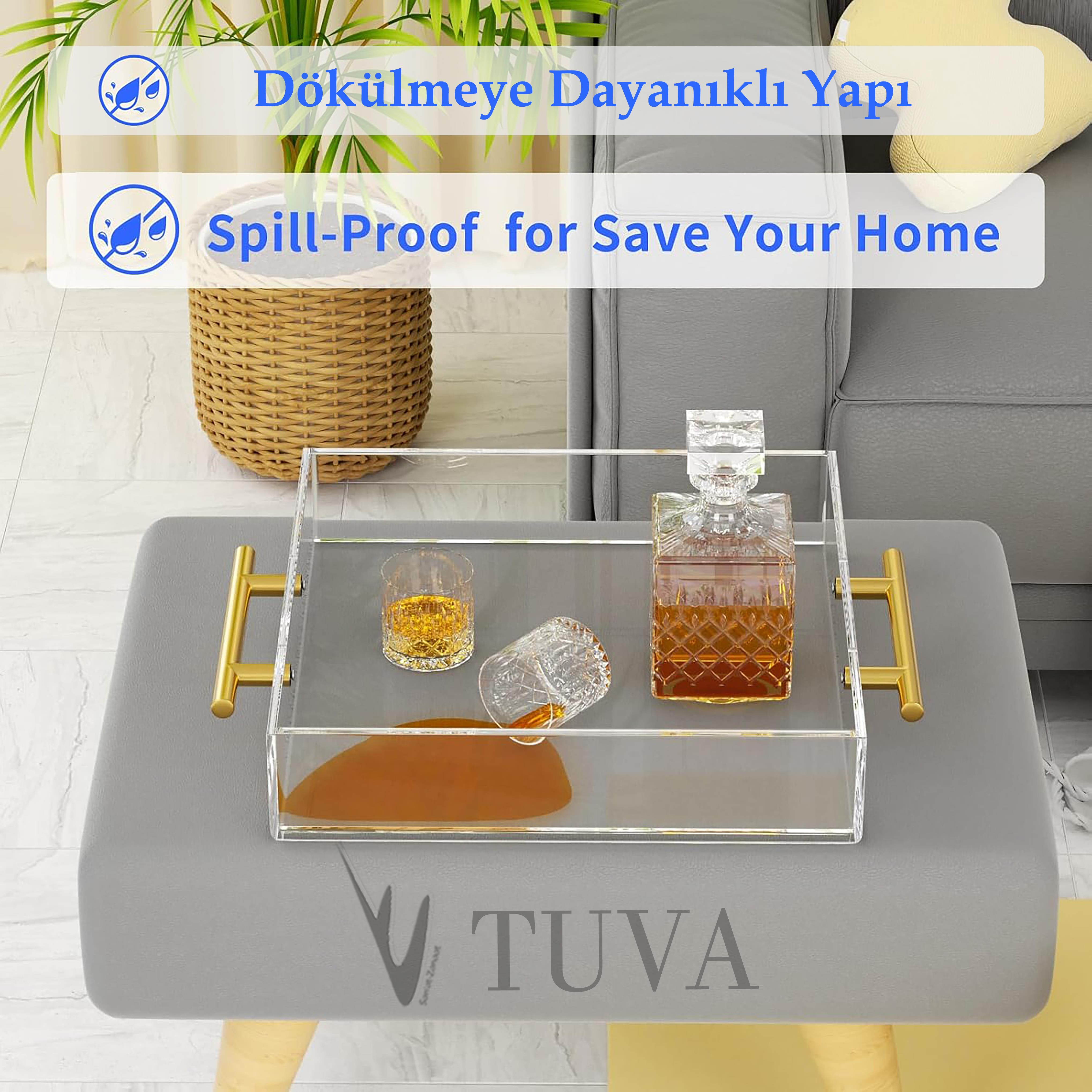 Altın Tutmaklı Modern Pleksi Tepsi | Tuva Premium Sunum ve Elit Dekoratif Servis Standı