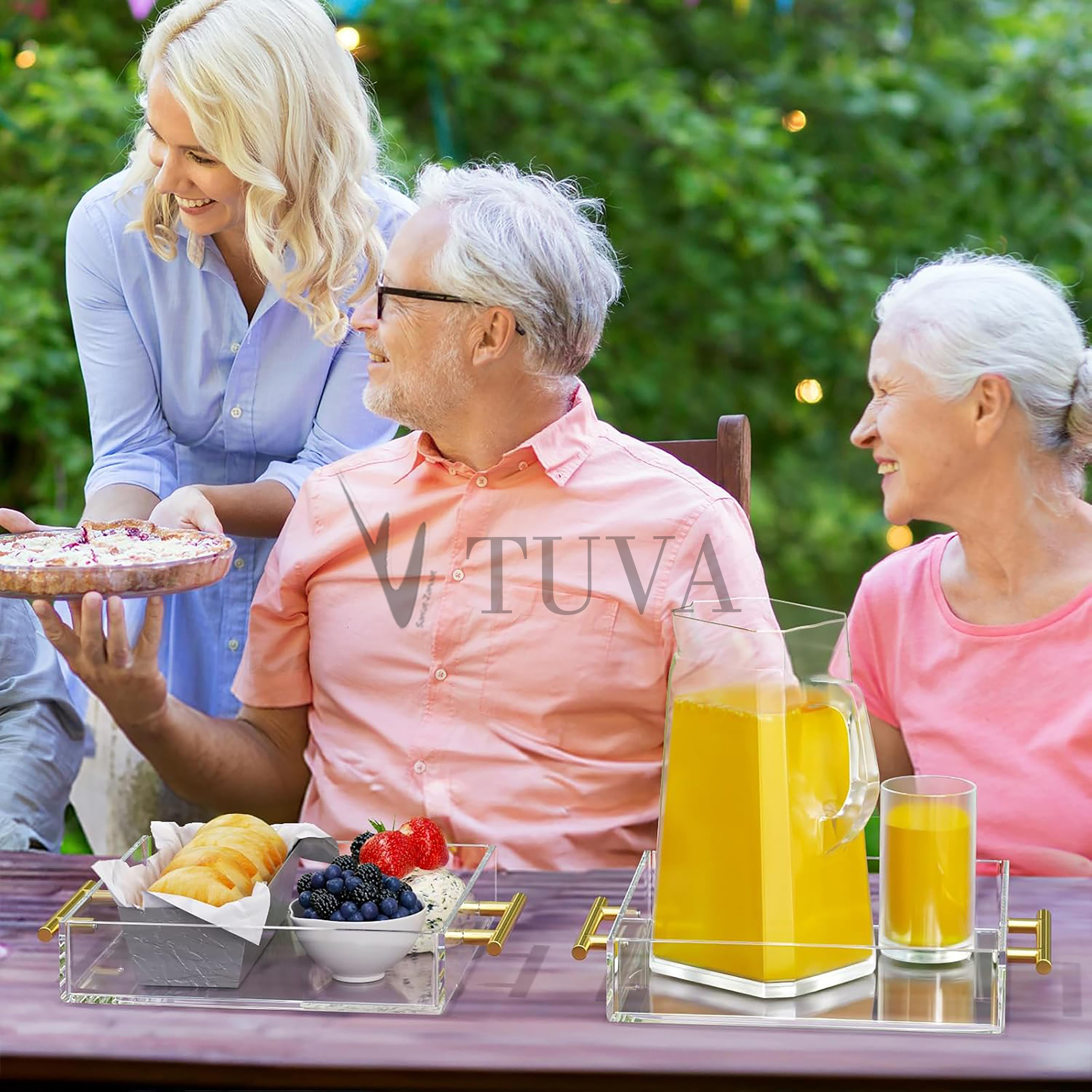 Altın Tutmaklı Modern Pleksi Tepsi | Tuva Premium Sunum ve Elit Dekoratif Servis Standı