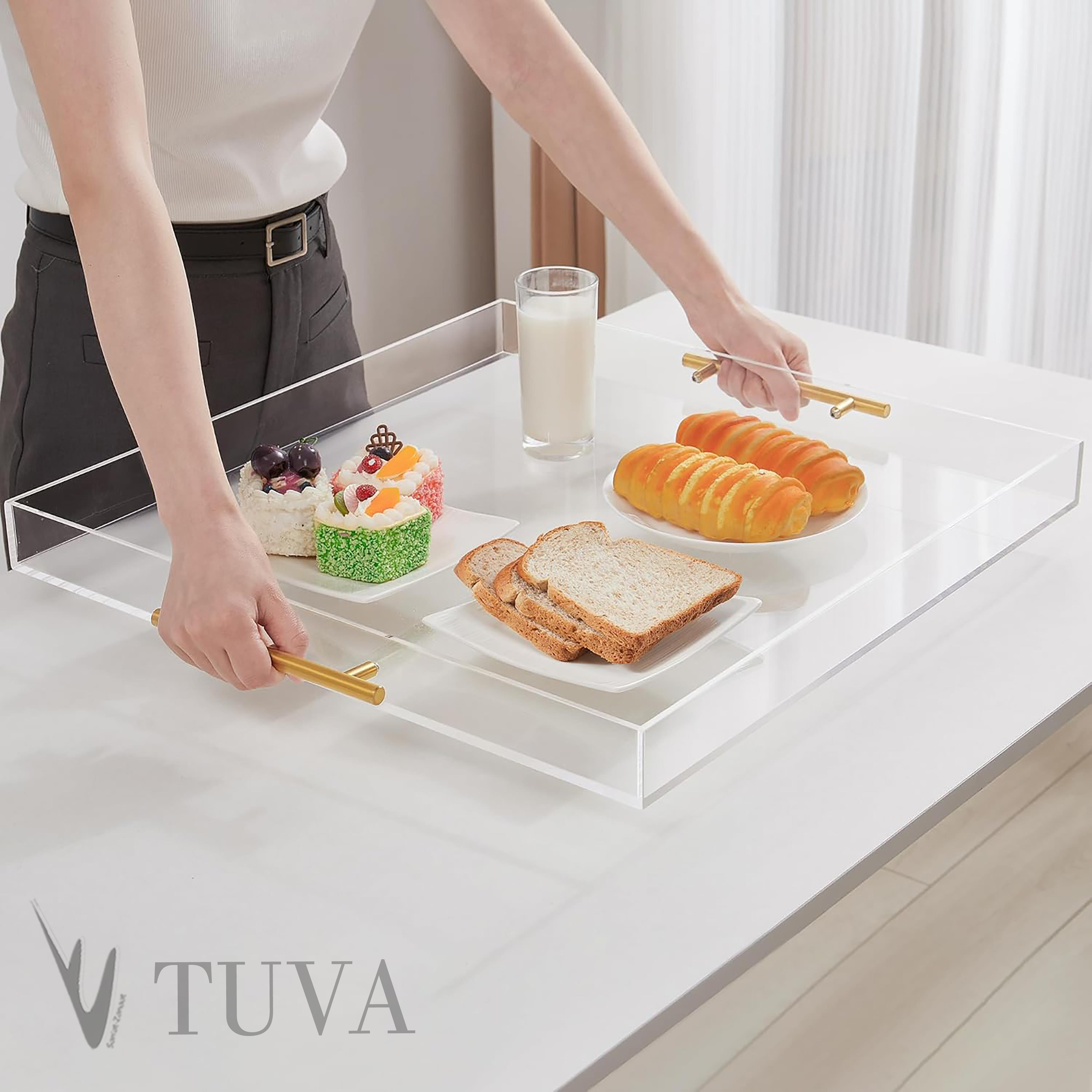 Altın Tutmaklı Modern Pleksi Tepsi | Tuva Premium Sunum ve Elit Dekoratif Servis Standı