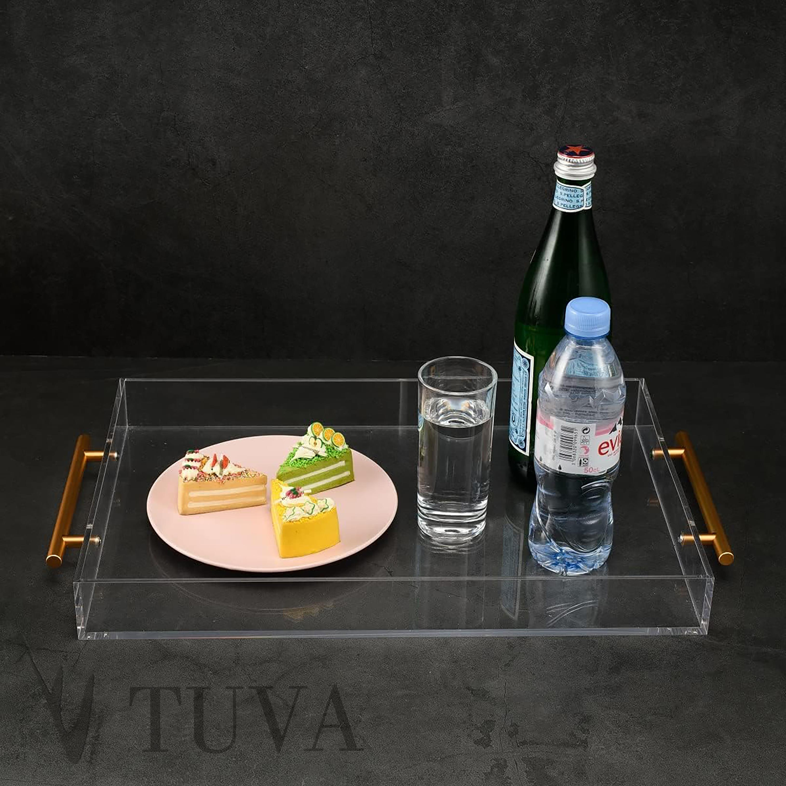 Altın Tutmaklı Modern Pleksi Tepsi | Tuva Premium Sunum ve Elit Dekoratif Servis Standı