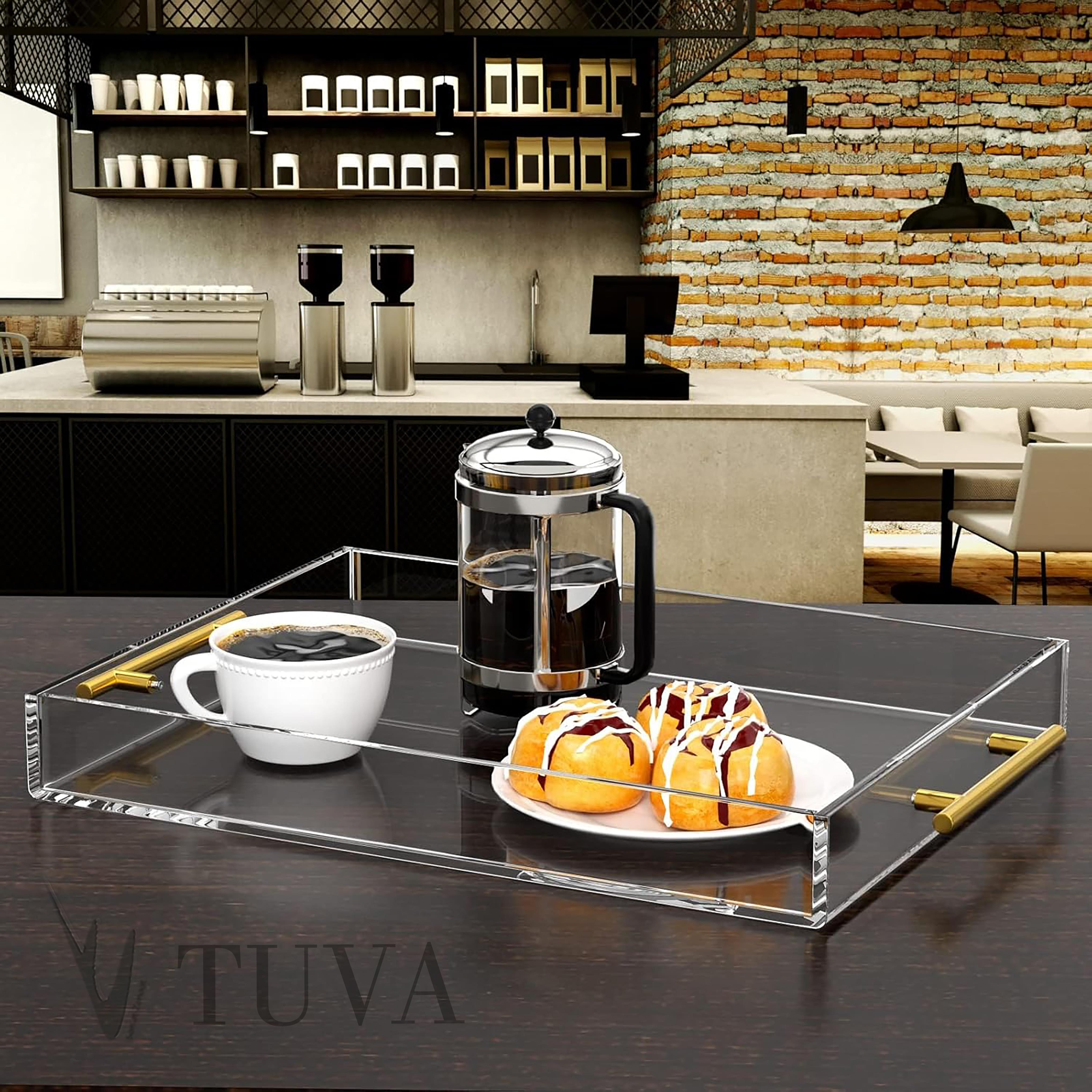 Altın Tutmaklı Modern Pleksi Tepsi | Tuva Premium Sunum ve Elit Dekoratif Servis Standı