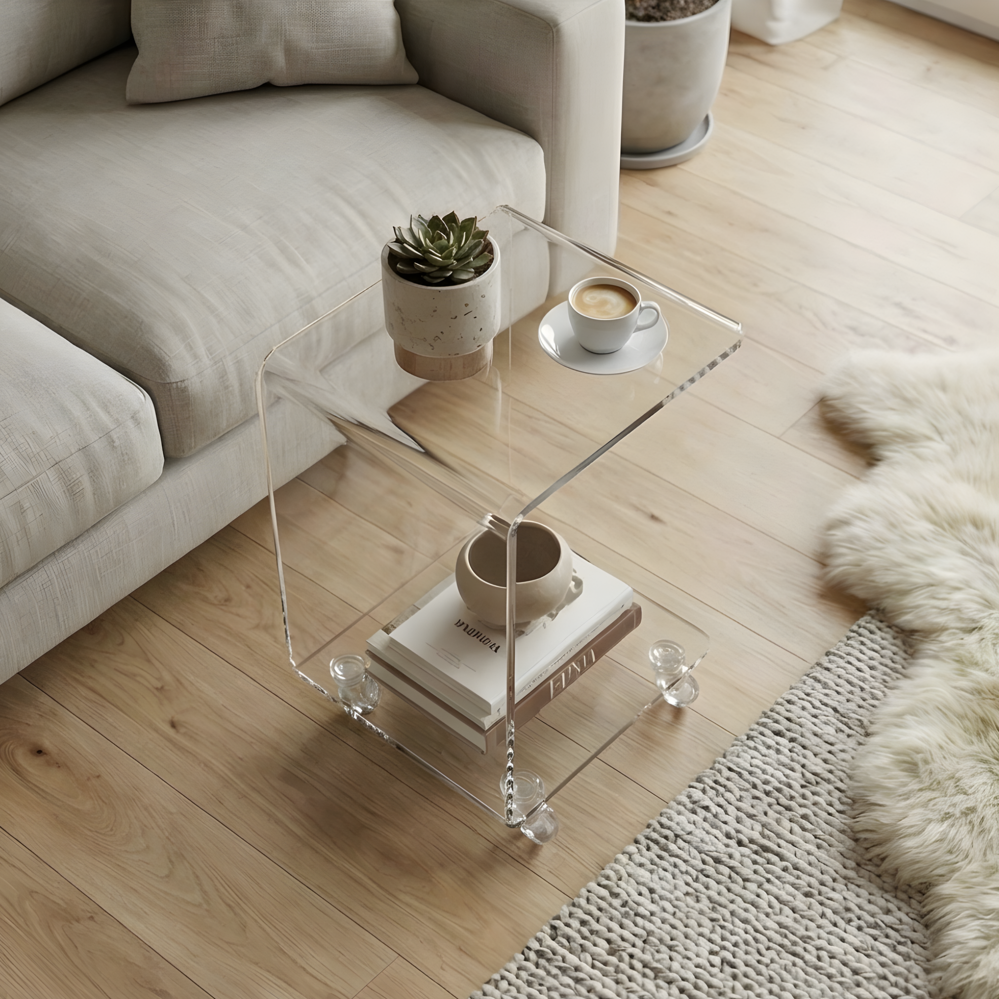 AXIS MOVE | Tekerlekli Modern Şeffaf Pleksi Bükümlü Yan Sehpa | Tuva Yeni Nesil Dekorasyon