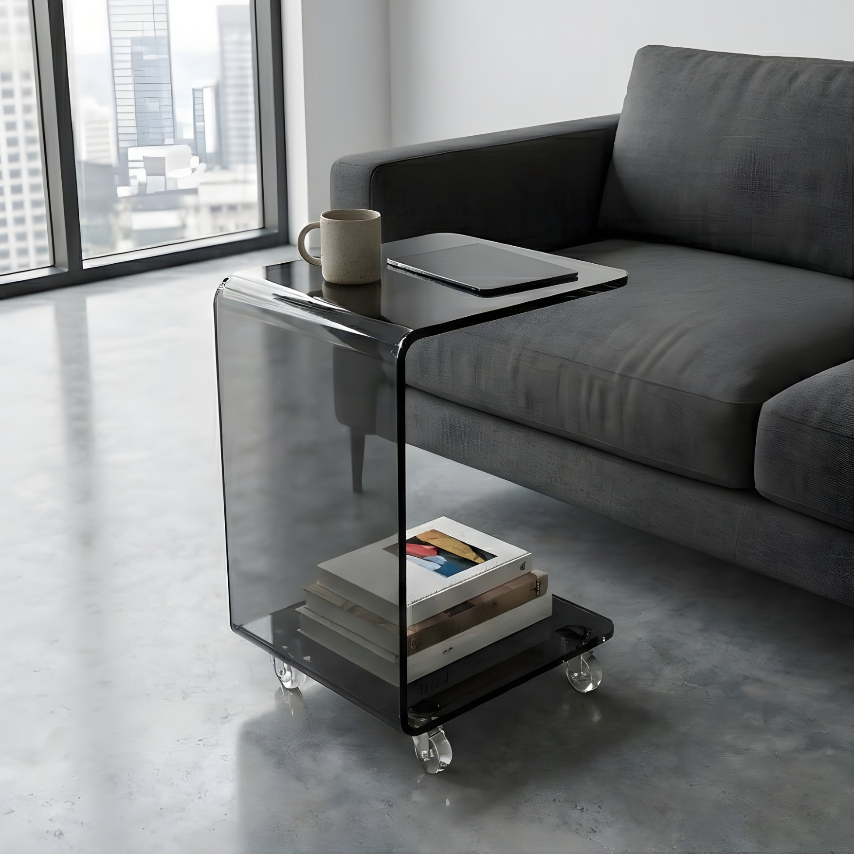 AXIS MOVE | Tekerlekli Modern Şeffaf Pleksi Bükümlü Yan Sehpa | Tuva Yeni Nesil Dekorasyon