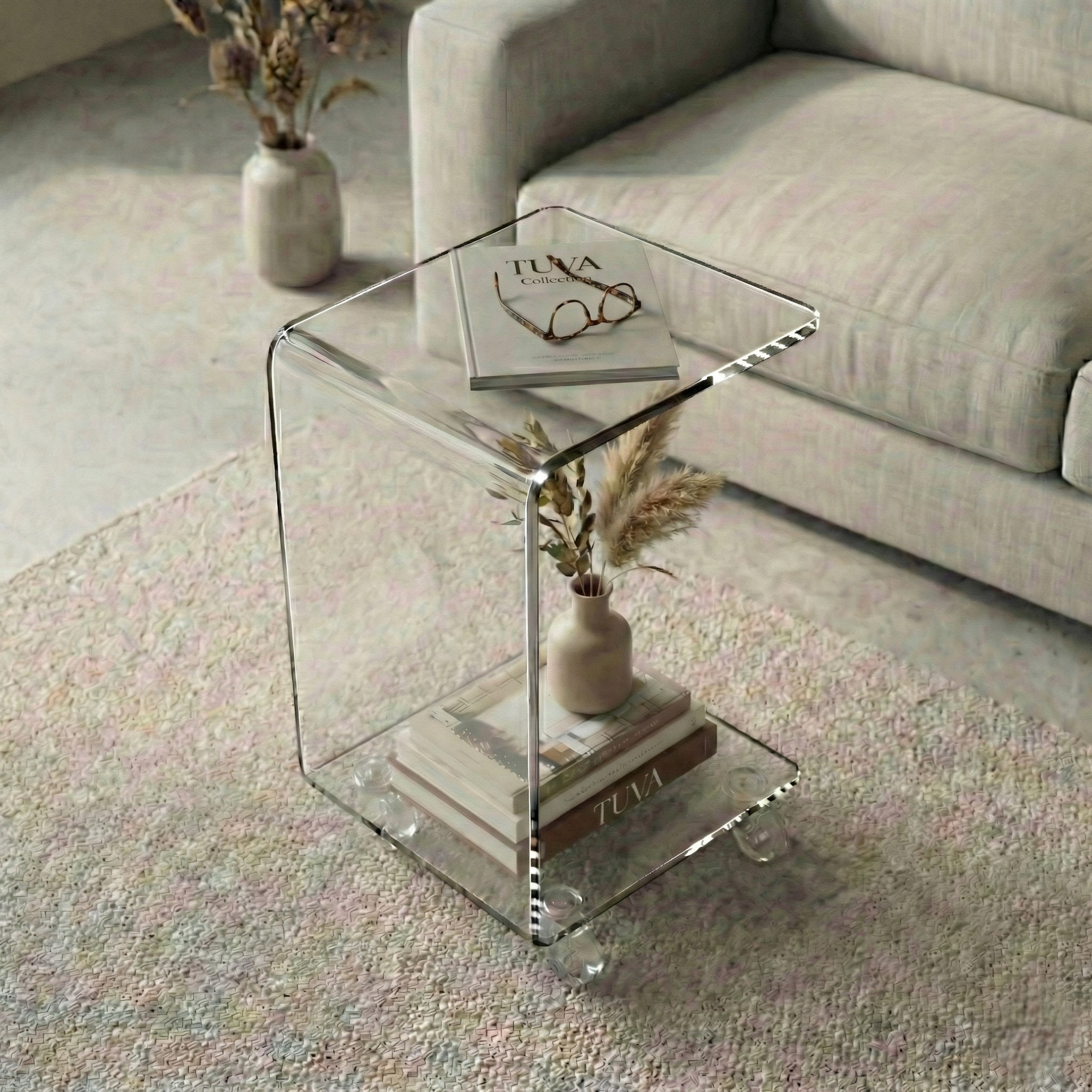 AXIS MOVE | Tekerlekli Modern Şeffaf Pleksi Bükümlü Yan Sehpa | Tuva Yeni Nesil Dekorasyon