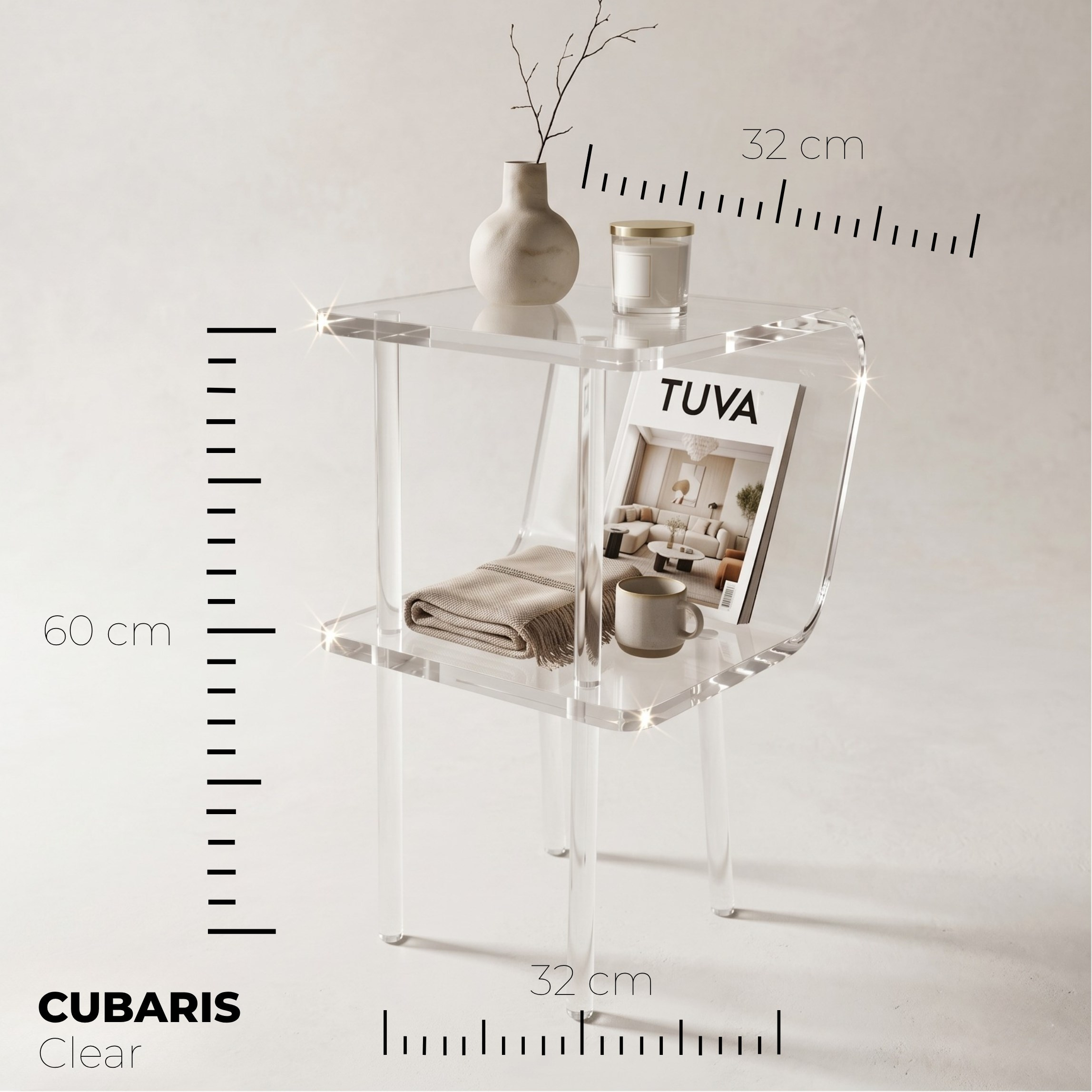 CUBARIS | Premium Akrilik Yan Sehpa | Modern Şeffaf Pleksi Komodin