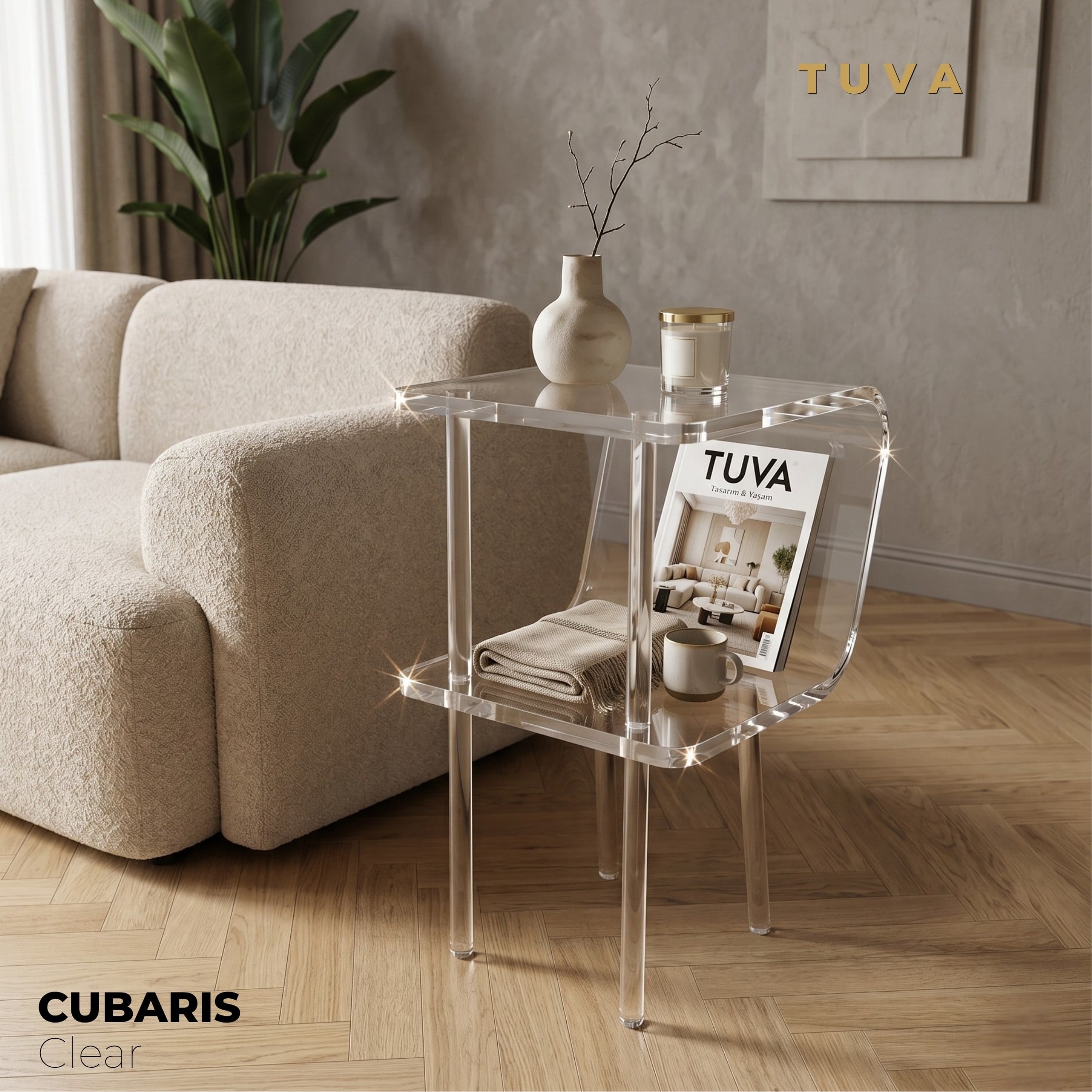 CUBARIS | Premium Akrilik Yan Sehpa | Modern Şeffaf Pleksi Komodin