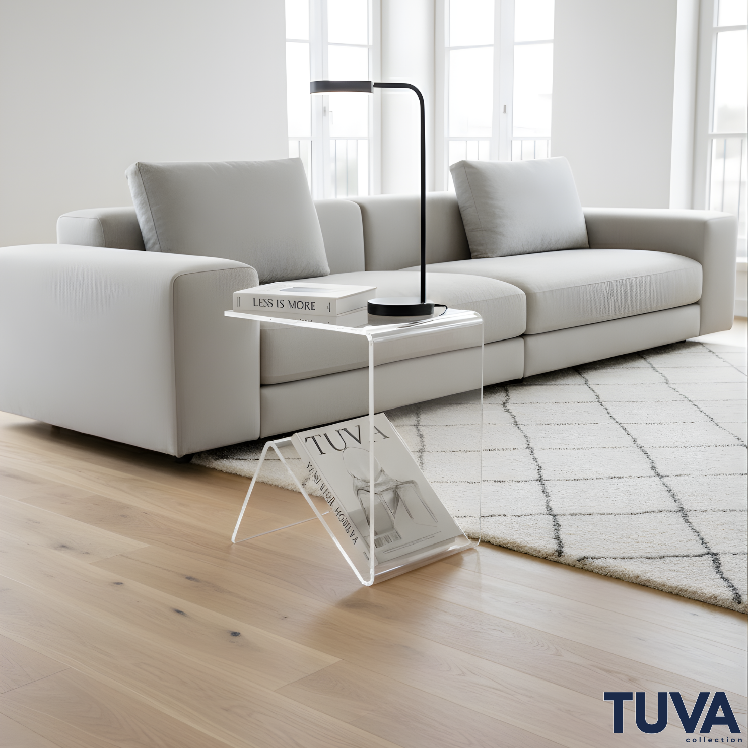 Elan – Tek Parça Bükümlü Şeffaf Akrilik Modern Sehpa | Çarpraz Dengeli Avangard Tasarım | Tuva Premium Mobilya