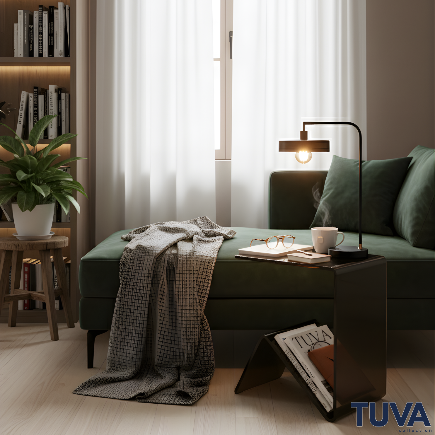 Elan – Tek Parça Bükümlü Şeffaf Akrilik Modern Sehpa | Çarpraz Dengeli Avangard Tasarım | Tuva Premium Mobilya