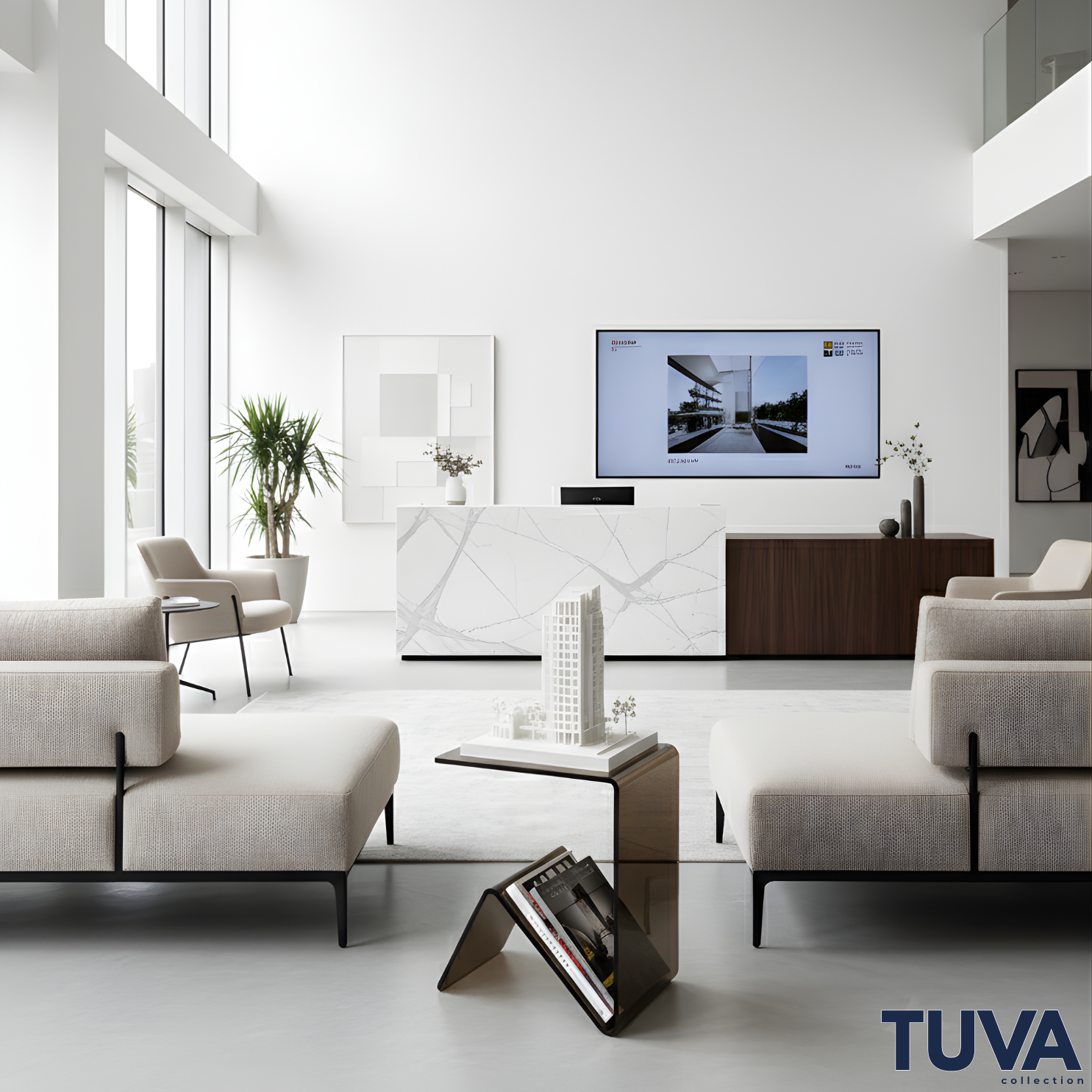 Elan – Tek Parça Bükümlü Şeffaf Akrilik Modern Sehpa | Çarpraz Dengeli Avangard Tasarım | Tuva Premium Mobilya