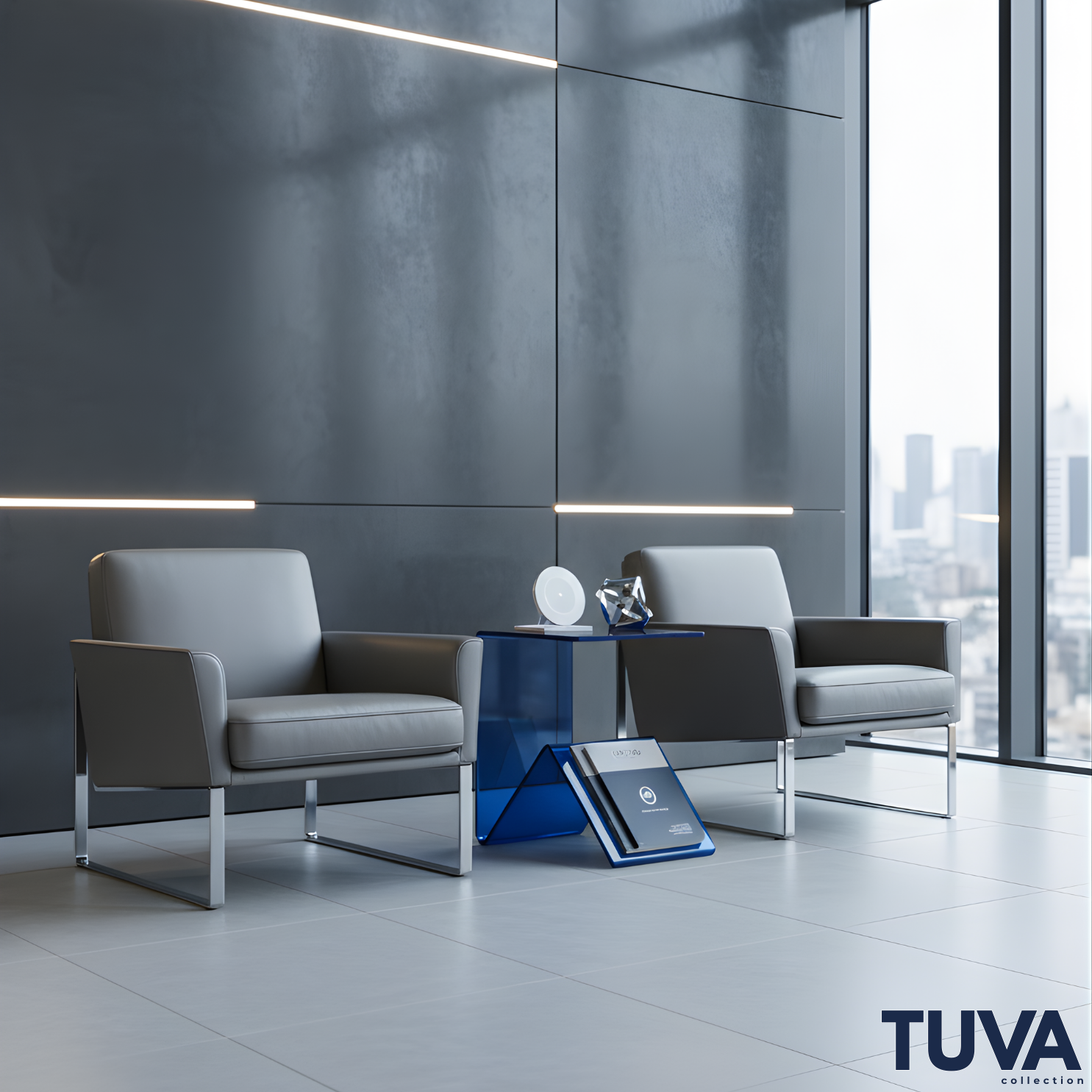 Elan – Tek Parça Bükümlü Şeffaf Akrilik Modern Sehpa | Çarpraz Dengeli Avangard Tasarım | Tuva Premium Mobilya