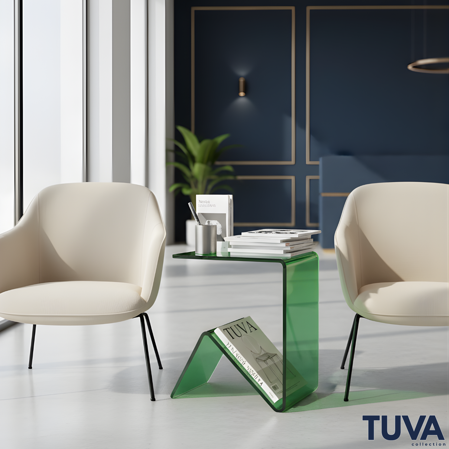 Elan – Tek Parça Bükümlü Şeffaf Akrilik Modern Sehpa | Çarpraz Dengeli Avangard Tasarım | Tuva Premium Mobilya