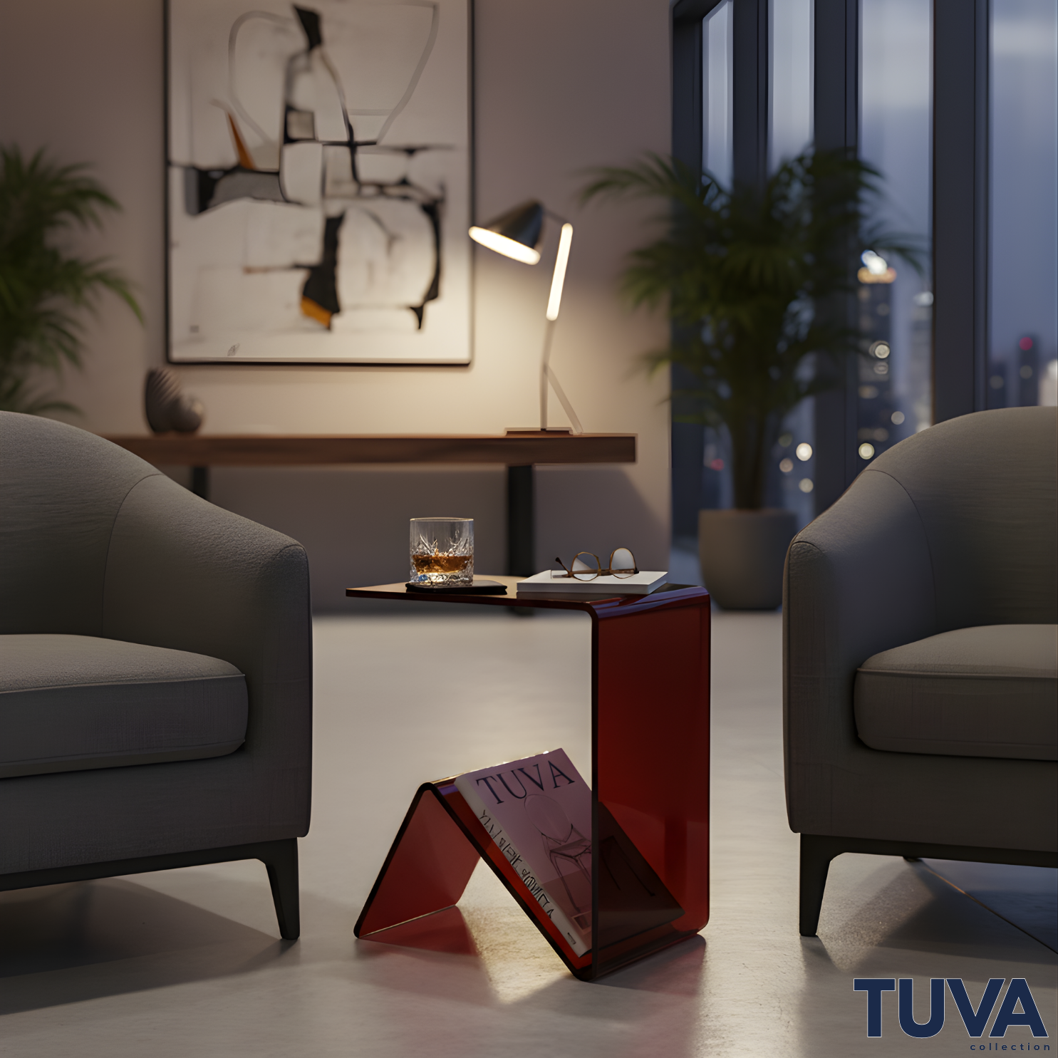 Elan – Tek Parça Bükümlü Şeffaf Akrilik Modern Sehpa | Çarpraz Dengeli Avangard Tasarım | Tuva Premium Mobilya