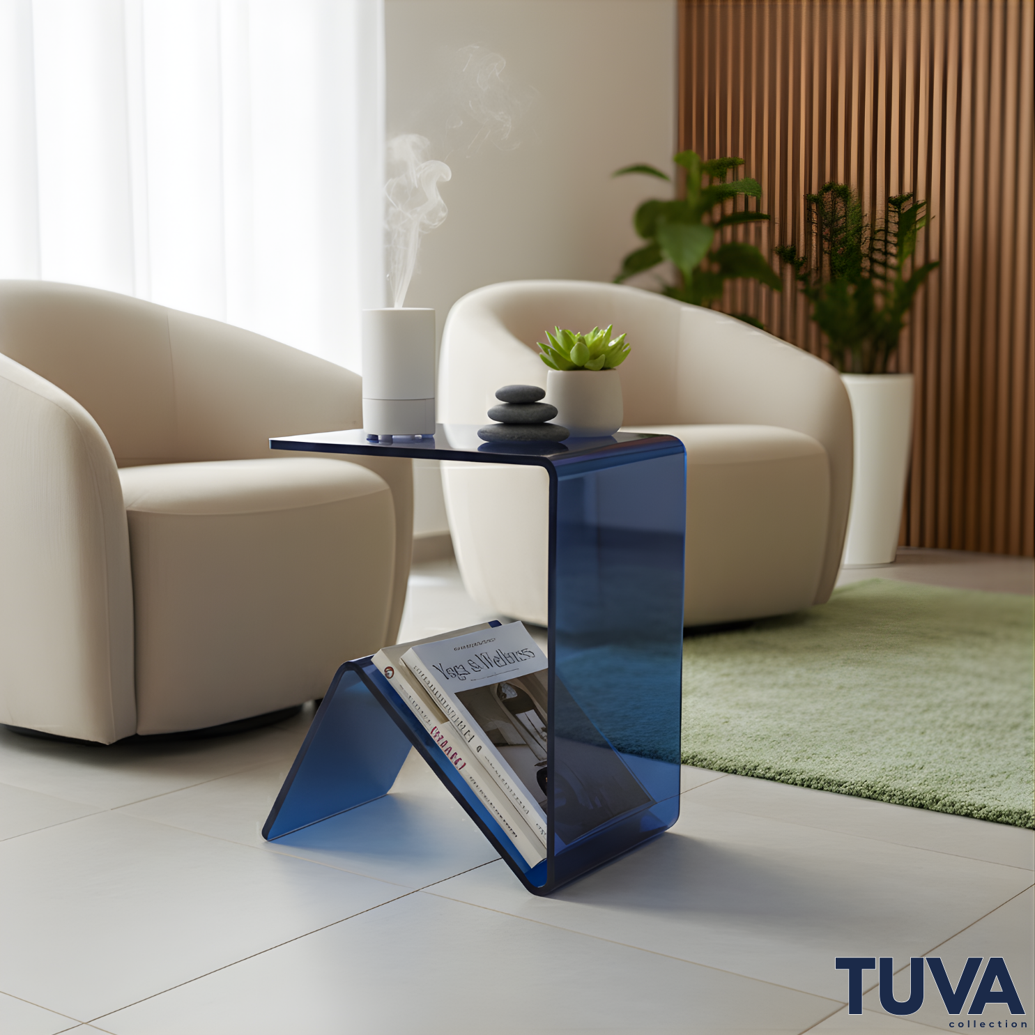 Elan – Tek Parça Bükümlü Şeffaf Akrilik Modern Sehpa | Çarpraz Dengeli Avangard Tasarım | Tuva Premium Mobilya