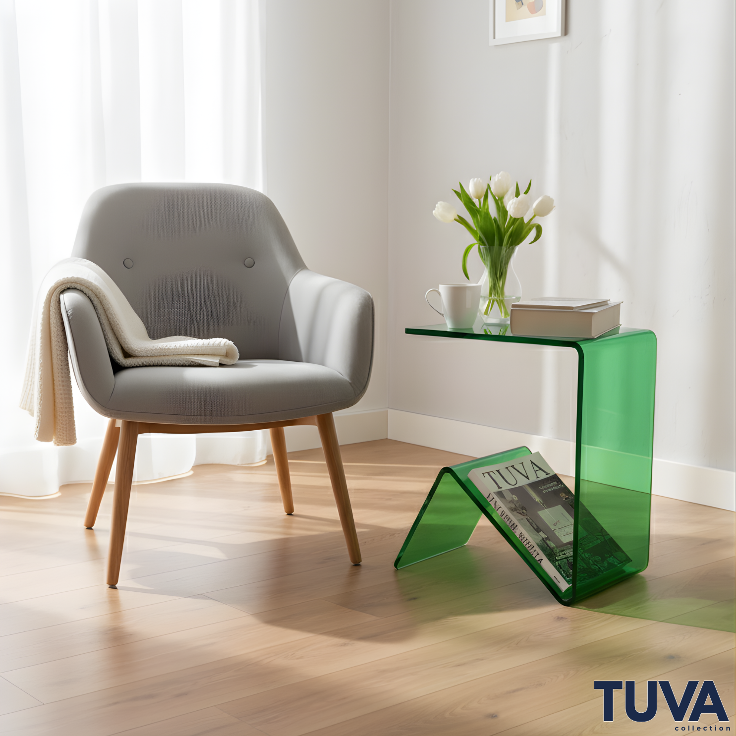 Elan – Tek Parça Bükümlü Şeffaf Akrilik Modern Sehpa | Çarpraz Dengeli Avangard Tasarım | Tuva Premium Mobilya