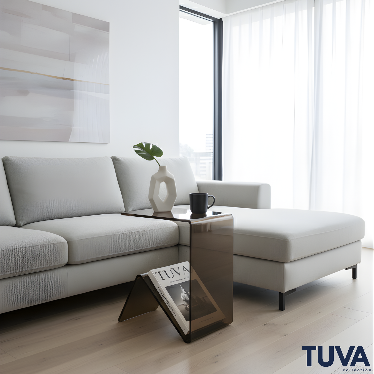 Elan – Tek Parça Bükümlü Şeffaf Akrilik Modern Sehpa | Çarpraz Dengeli Avangard Tasarım | Tuva Premium Mobilya