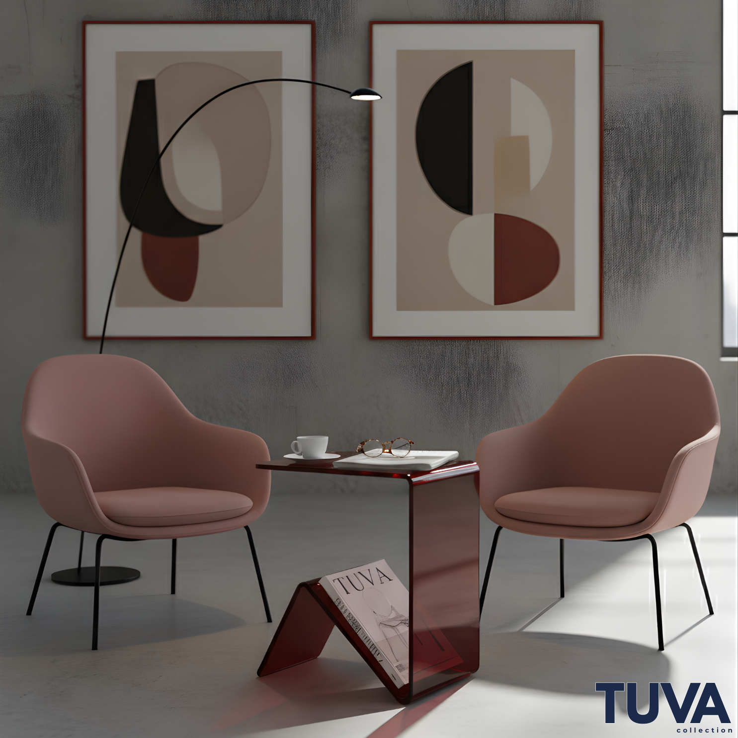 Elan – Tek Parça Bükümlü Şeffaf Akrilik Modern Sehpa | Çarpraz Dengeli Avangard Tasarım | Tuva Premium Mobilya