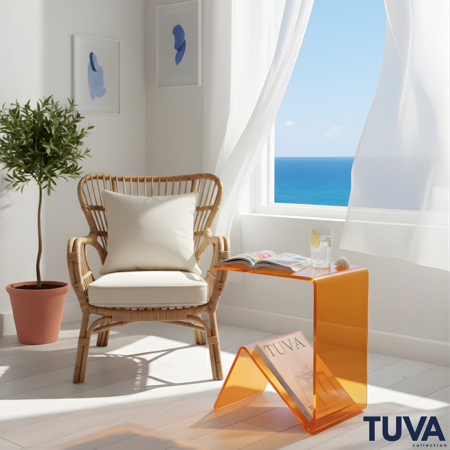 Elan – Tek Parça Bükümlü Şeffaf Akrilik Modern Sehpa | Çarpraz Dengeli Avangard Tasarım | Tuva Premium Mobilya