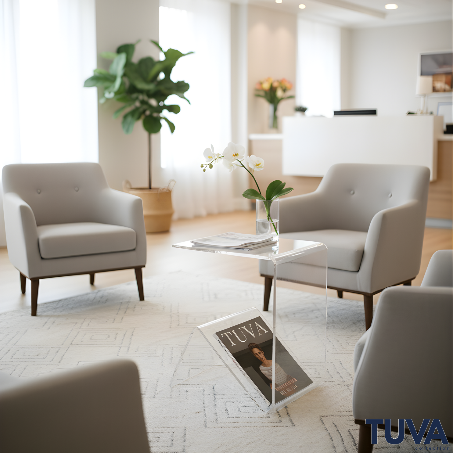Elan – Tek Parça Bükümlü Şeffaf Akrilik Modern Sehpa | Çarpraz Dengeli Avangard Tasarım | Tuva Premium Mobilya