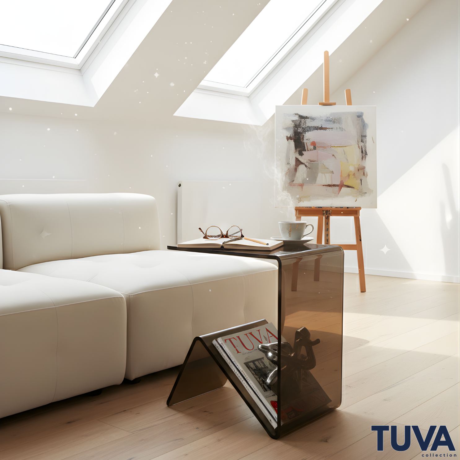 Elan – Tek Parça Bükümlü Şeffaf Akrilik Modern Sehpa | Çarpraz Dengeli Avangard Tasarım | Tuva Premium Mobilya