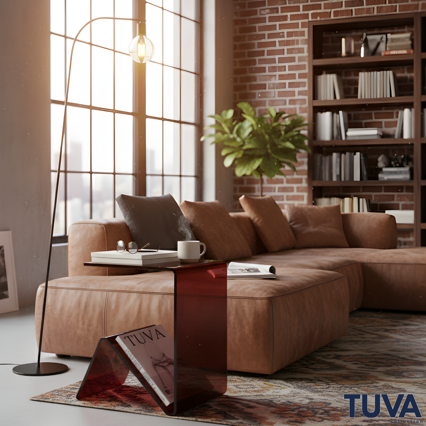 Elan – Tek Parça Bükümlü Şeffaf Akrilik Modern Sehpa | Çarpraz Dengeli Avangard Tasarım | Tuva Premium Mobilya