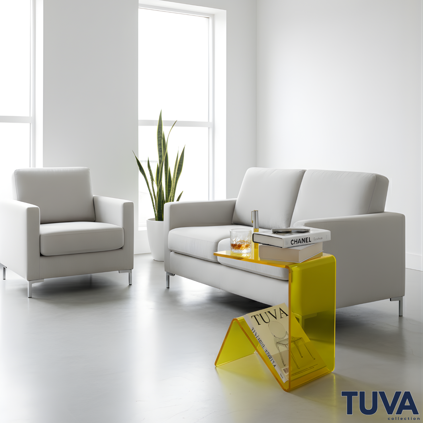 Elan – Tek Parça Bükümlü Şeffaf Akrilik Modern Sehpa | Çarpraz Dengeli Avangard Tasarım | Tuva Premium Mobilya