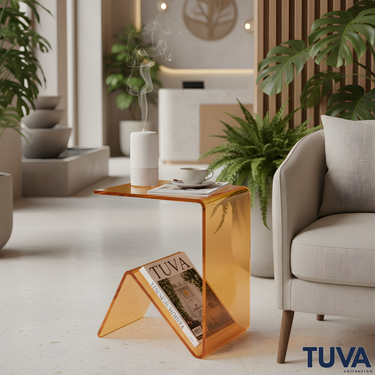 Elan – Tek Parça Bükümlü Şeffaf Akrilik Modern Sehpa | Çarpraz Dengeli Avangard Tasarım | Tuva Premium Mobilya