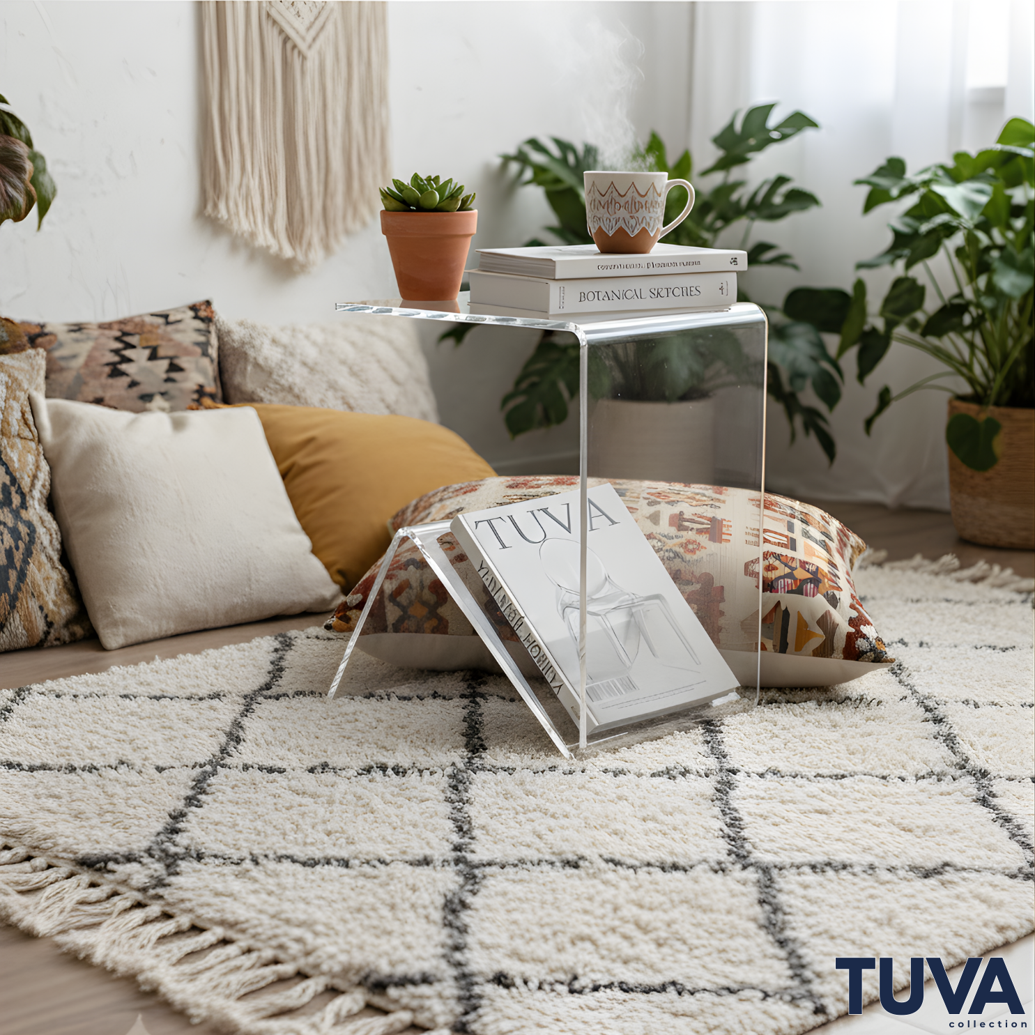 Elan – Tek Parça Bükümlü Şeffaf Akrilik Modern Sehpa | Çarpraz Dengeli Avangard Tasarım | Tuva Premium Mobilya