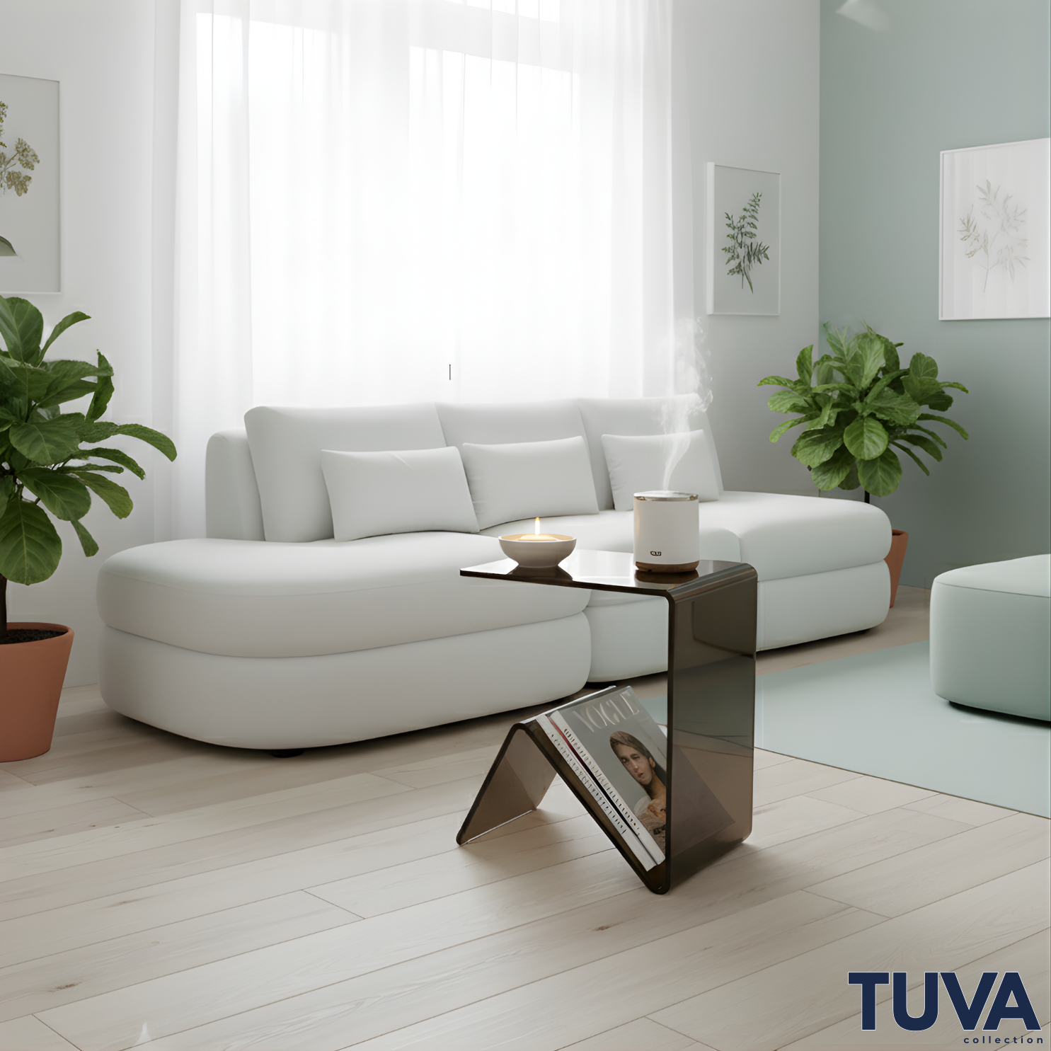 Elan – Tek Parça Bükümlü Şeffaf Akrilik Modern Sehpa | Çarpraz Dengeli Avangard Tasarım | Tuva Premium Mobilya