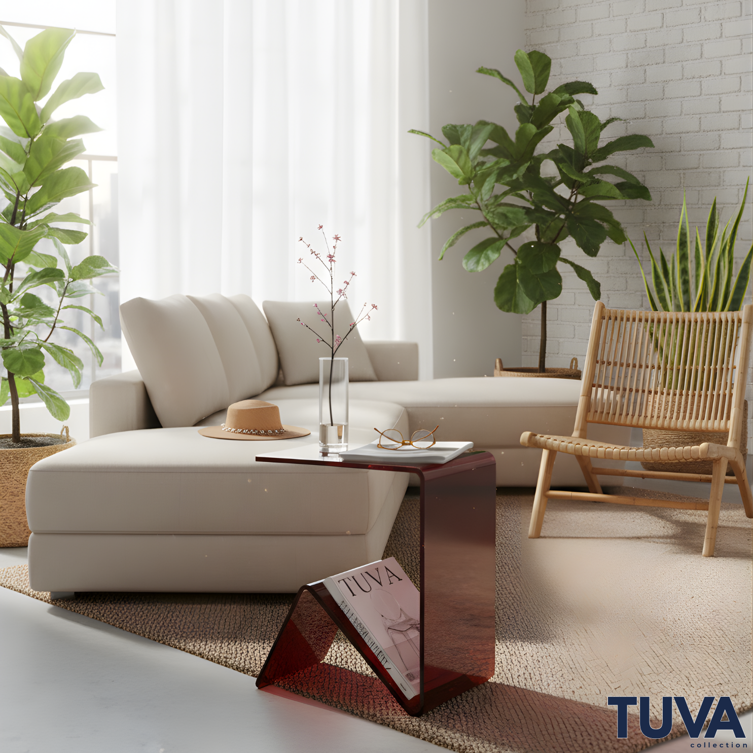 Elan – Tek Parça Bükümlü Şeffaf Akrilik Modern Sehpa | Çarpraz Dengeli Avangard Tasarım | Tuva Premium Mobilya