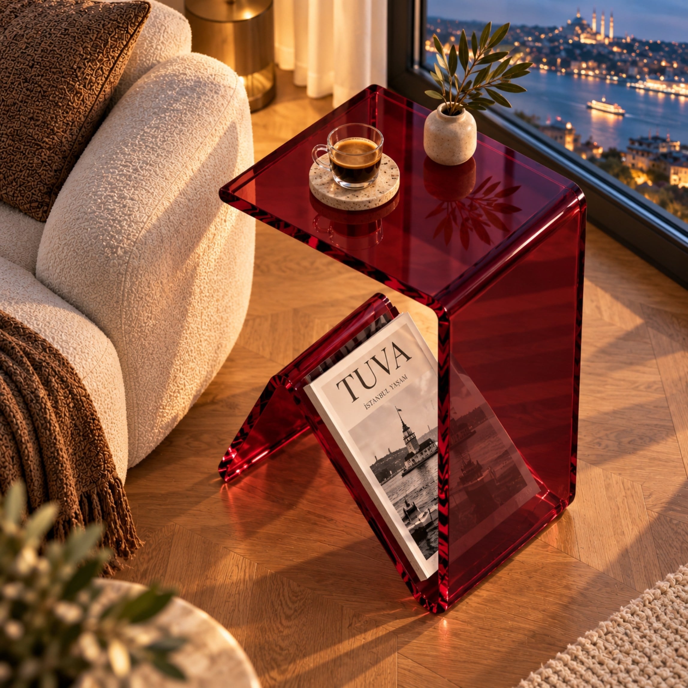 Elan | Tek Parça Bükümlü Şeffaf Akrilik Modern Sehpa | TUVA Collection