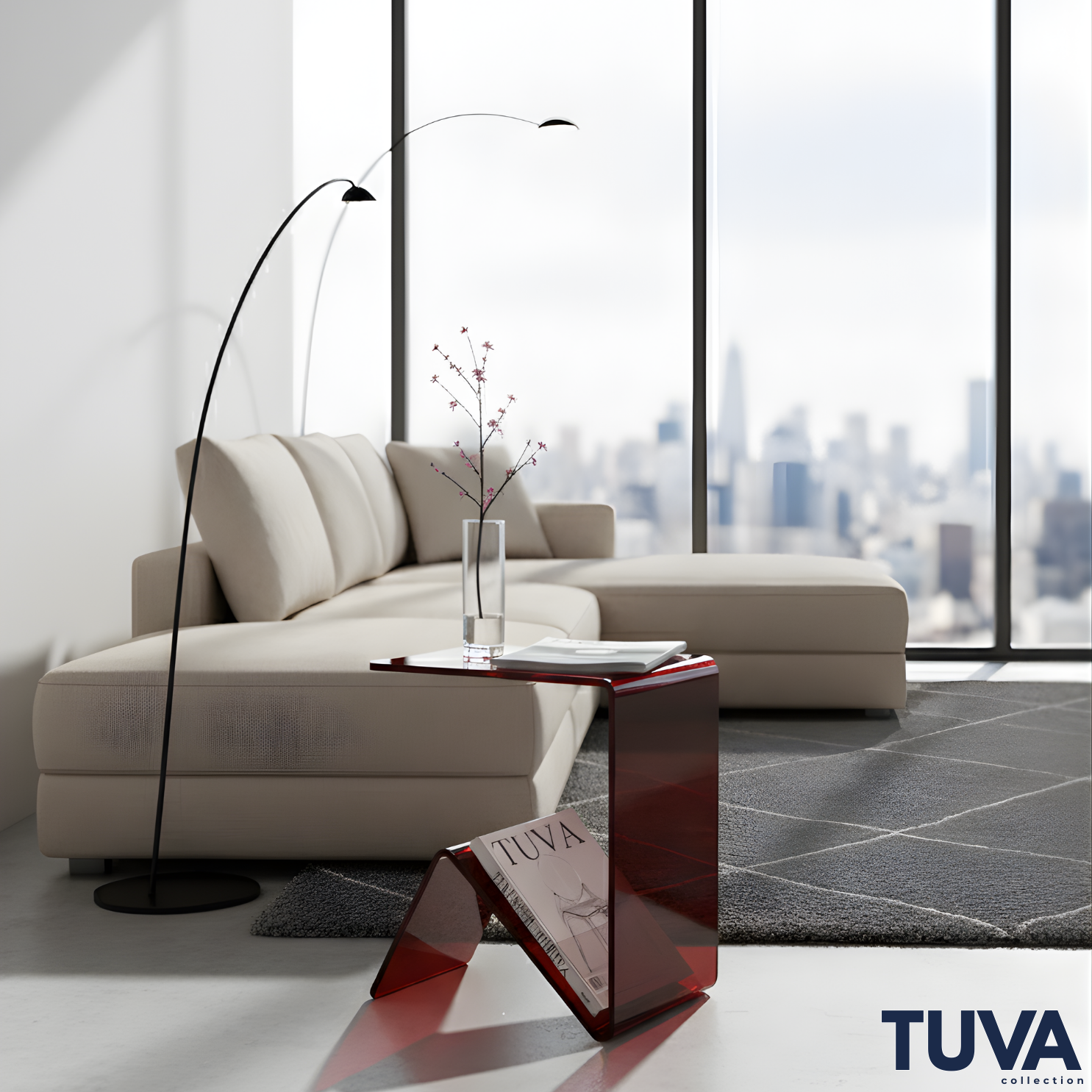 Elan – Tek Parça Bükümlü Şeffaf Akrilik Modern Sehpa | Çarpraz Dengeli Avangard Tasarım | Tuva Premium Mobilya