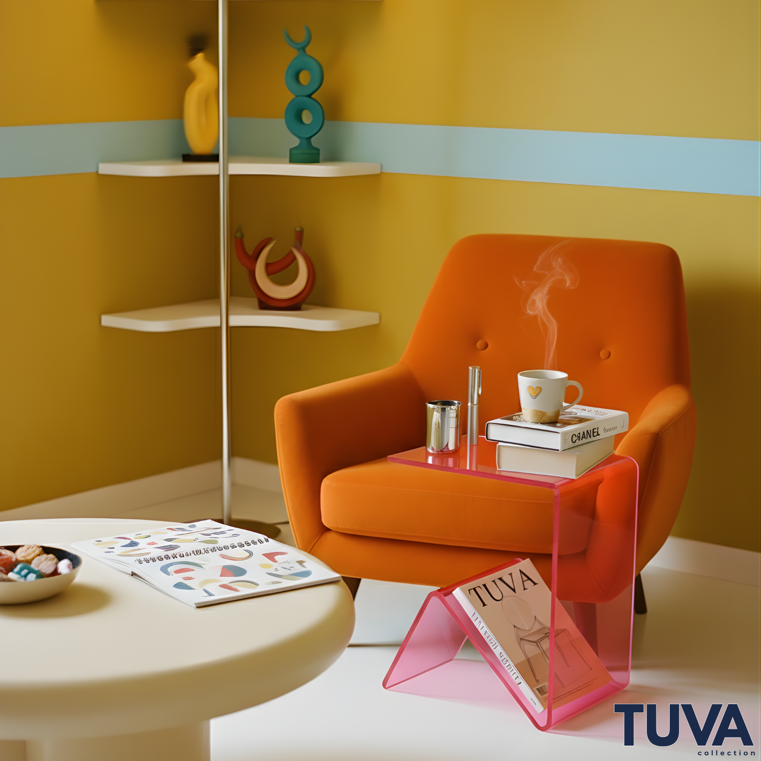 Elan – Tek Parça Bükümlü Şeffaf Akrilik Modern Sehpa | Çarpraz Dengeli Avangard Tasarım | Tuva Premium Mobilya