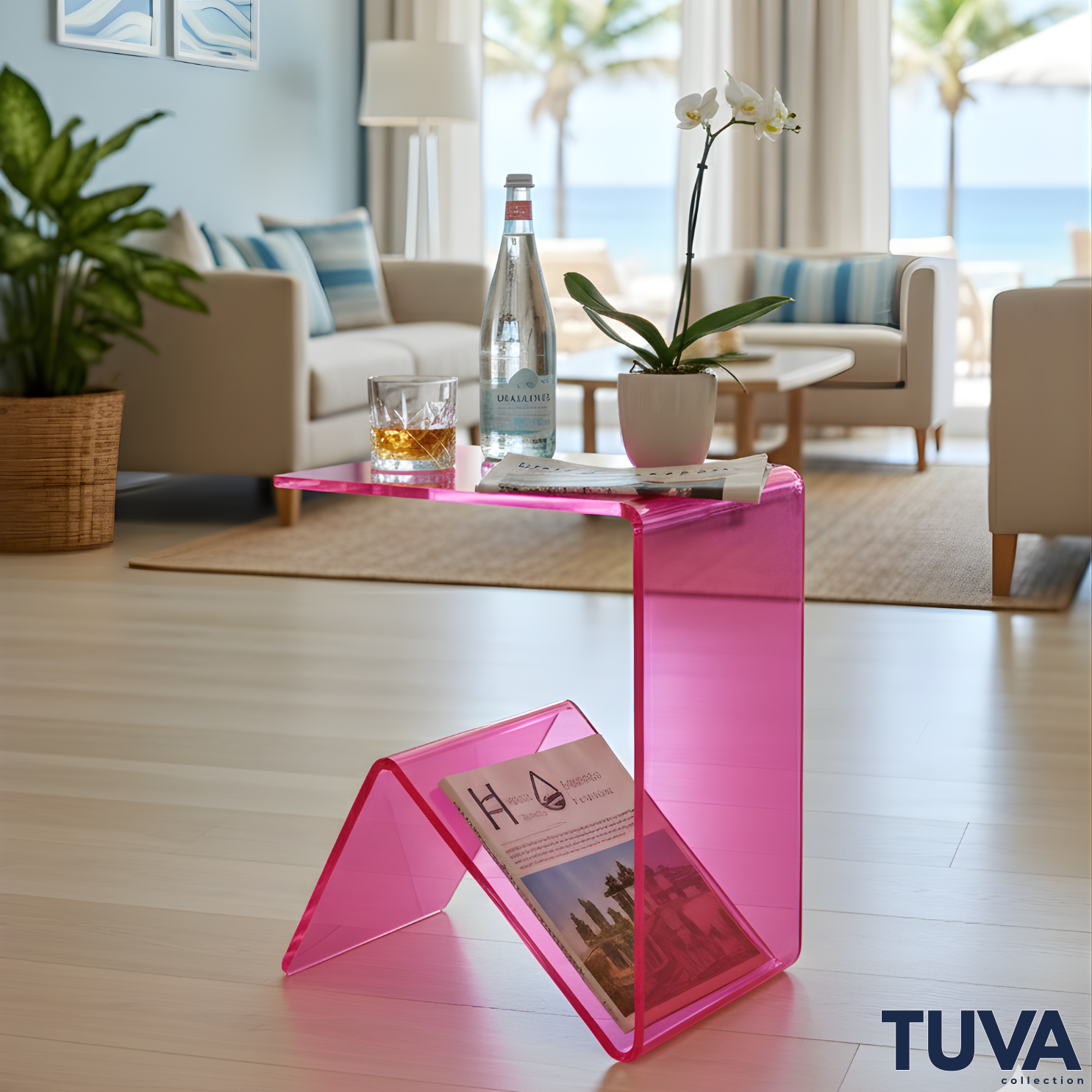 Elan – Tek Parça Bükümlü Şeffaf Akrilik Modern Sehpa | Çarpraz Dengeli Avangard Tasarım | Tuva Premium Mobilya