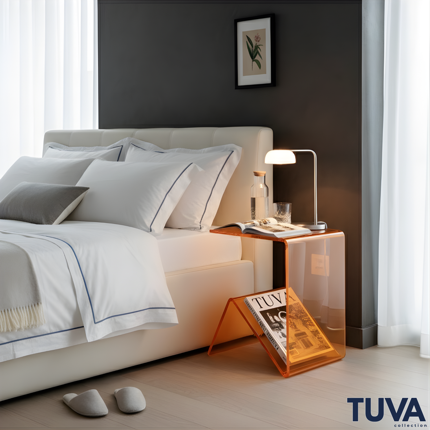 Elan – Tek Parça Bükümlü Şeffaf Akrilik Modern Sehpa | Çarpraz Dengeli Avangard Tasarım | Tuva Premium Mobilya