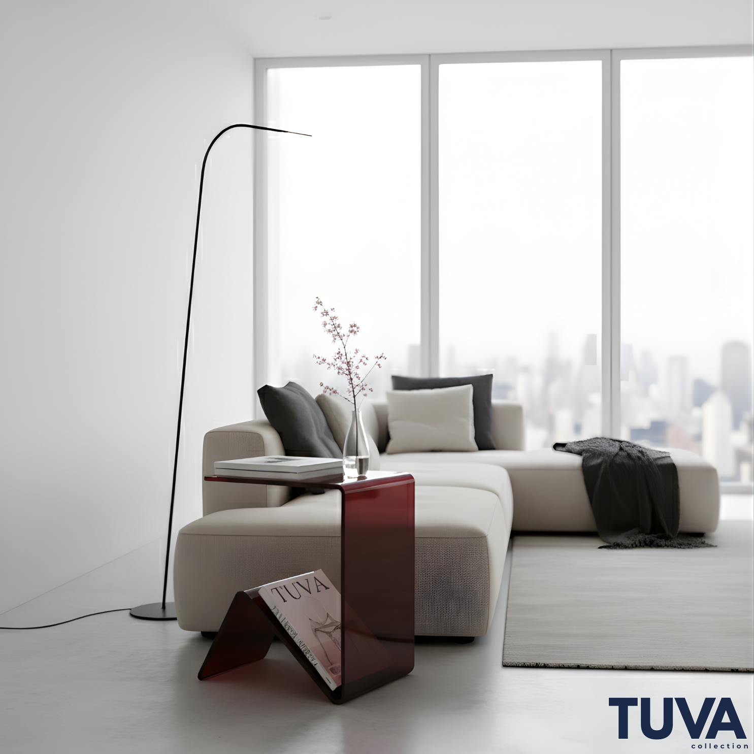 Elan – Tek Parça Bükümlü Şeffaf Akrilik Modern Sehpa | Çarpraz Dengeli Avangard Tasarım | Tuva Premium Mobilya