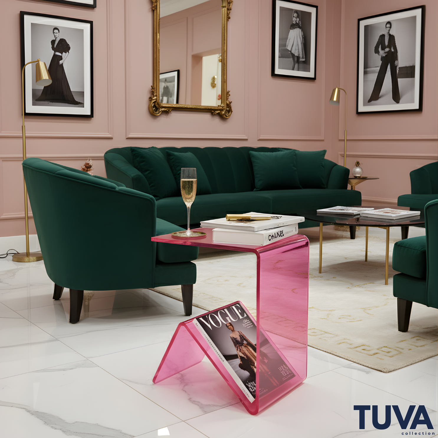 Elan – Tek Parça Bükümlü Şeffaf Akrilik Modern Sehpa | Çarpraz Dengeli Avangard Tasarım | Tuva Premium Mobilya