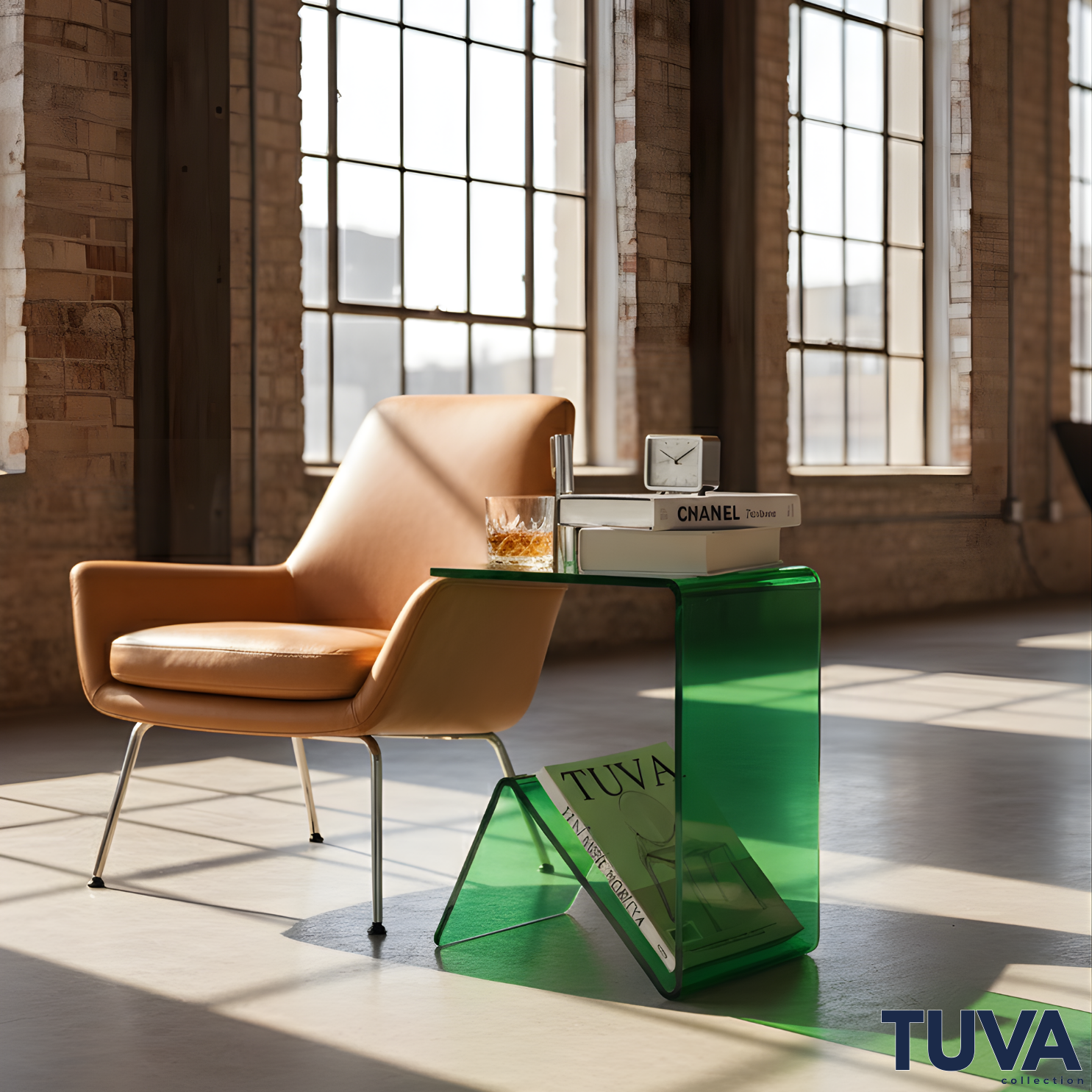 Elan – Tek Parça Bükümlü Şeffaf Akrilik Modern Sehpa | Çarpraz Dengeli Avangard Tasarım | Tuva Premium Mobilya