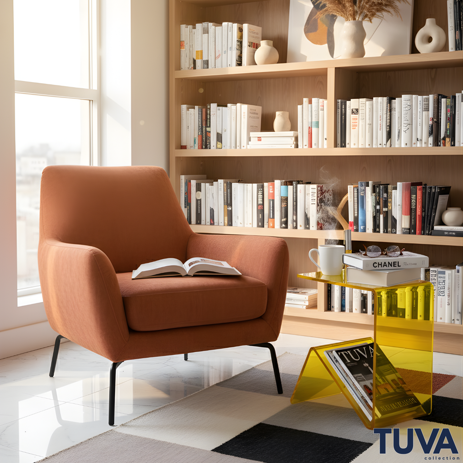 Elan – Tek Parça Bükümlü Şeffaf Akrilik Modern Sehpa | Çarpraz Dengeli Avangard Tasarım | Tuva Premium Mobilya