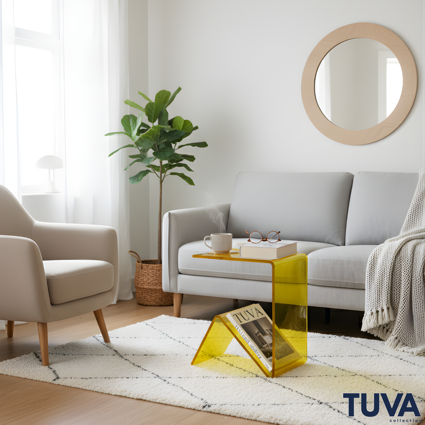 Elan – Tek Parça Bükümlü Şeffaf Akrilik Modern Sehpa | Çarpraz Dengeli Avangard Tasarım | Tuva Premium Mobilya