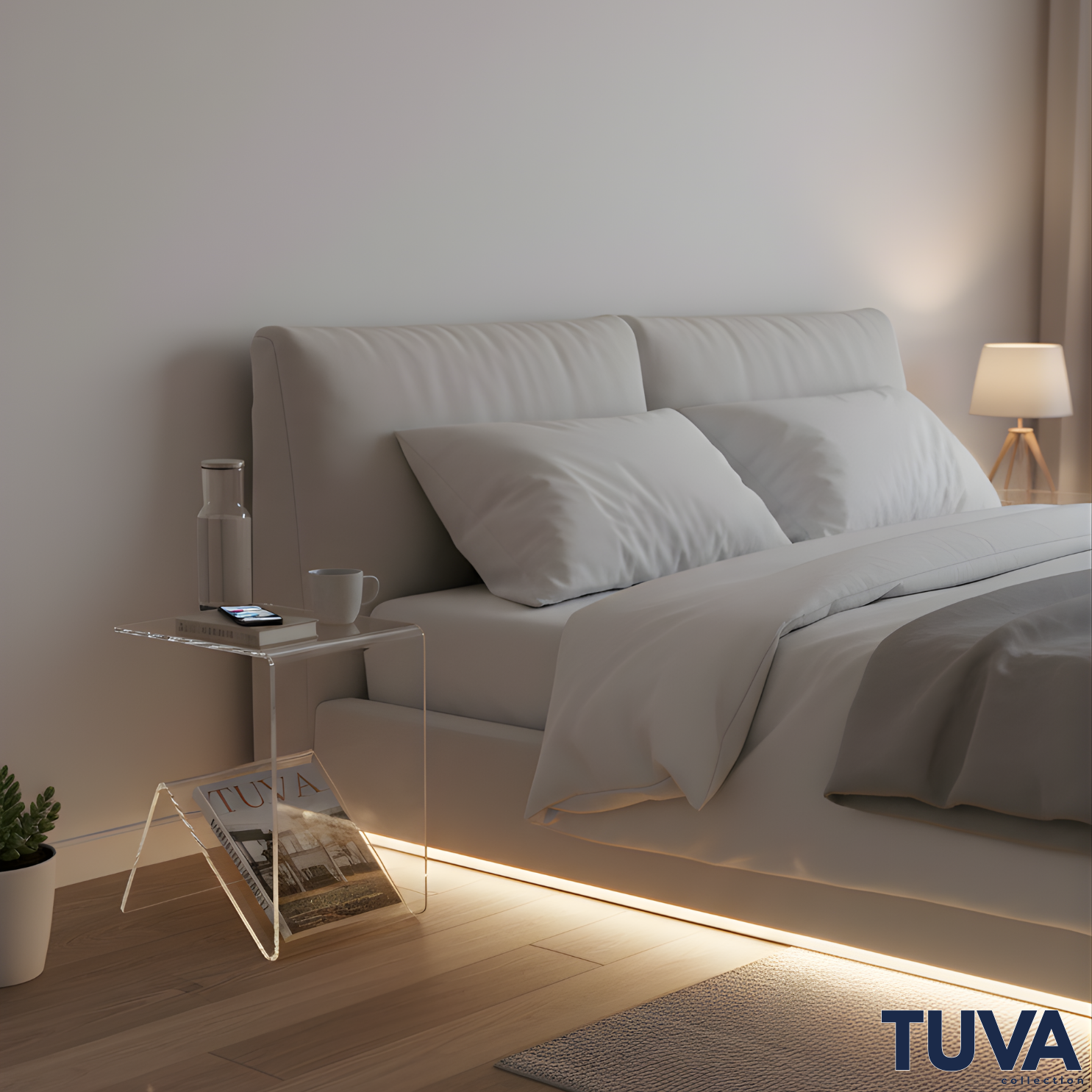 Elan – Tek Parça Bükümlü Şeffaf Akrilik Modern Sehpa | Çarpraz Dengeli Avangard Tasarım | Tuva Premium Mobilya