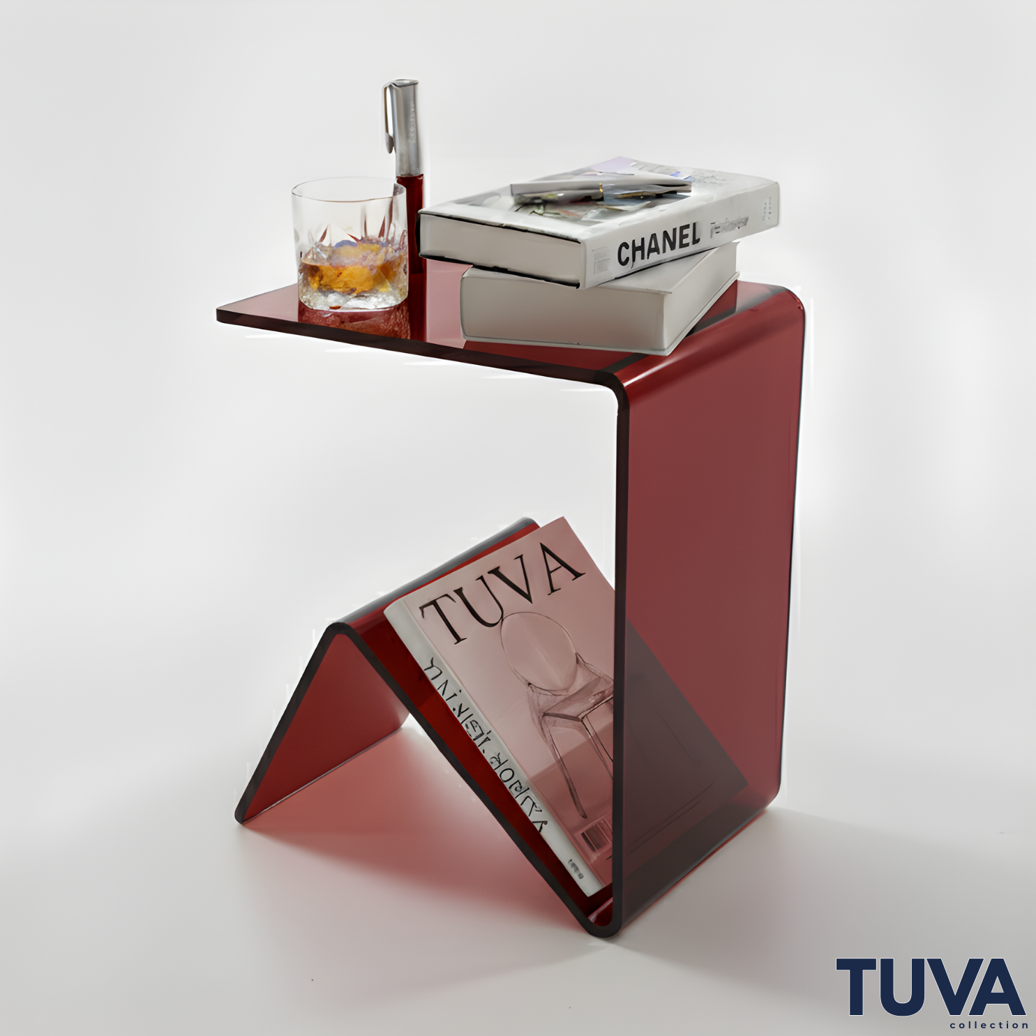 Elan – Tek Parça Bükümlü Şeffaf Akrilik Modern Sehpa | Çarpraz Dengeli Avangard Tasarım | Tuva Premium Mobilya