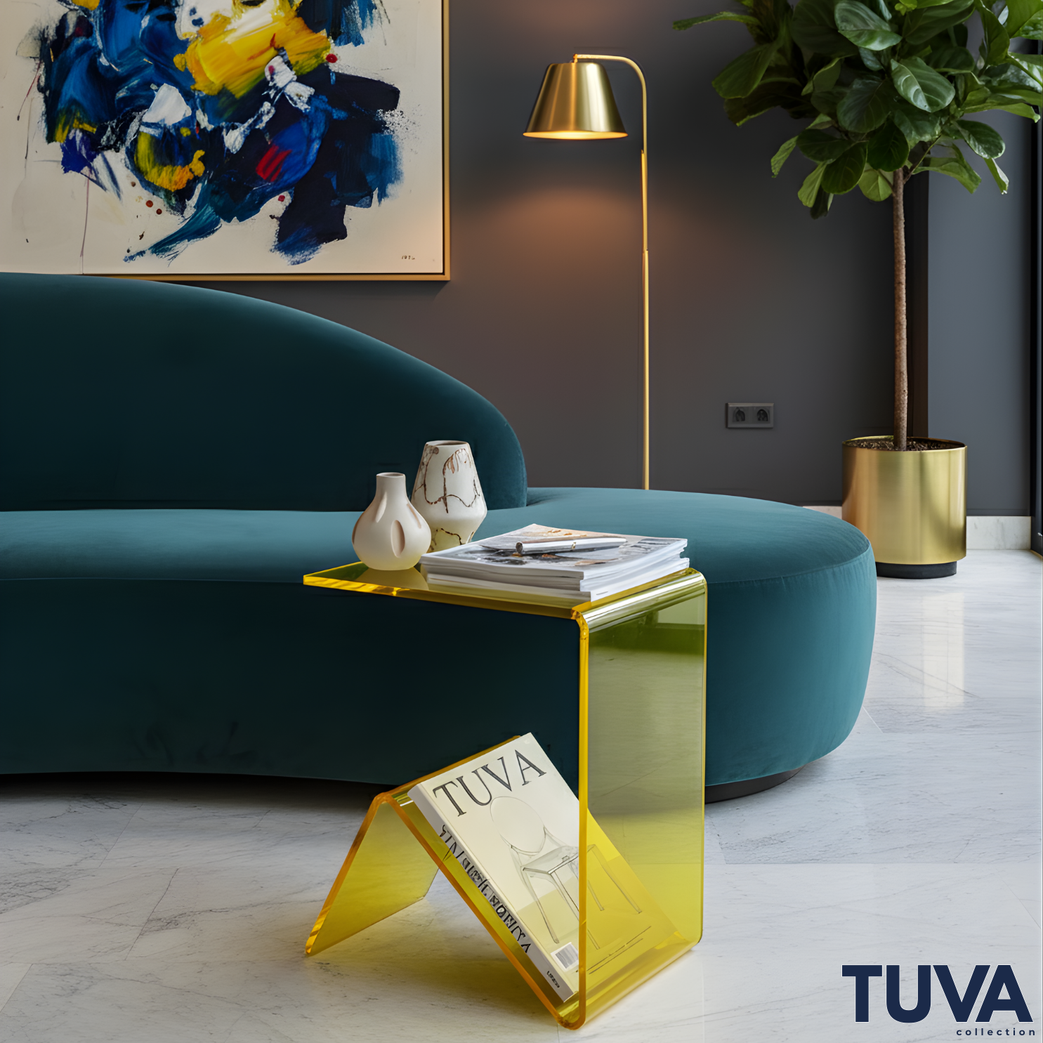 Elan – Tek Parça Bükümlü Şeffaf Akrilik Modern Sehpa | Çarpraz Dengeli Avangard Tasarım | Tuva Premium Mobilya