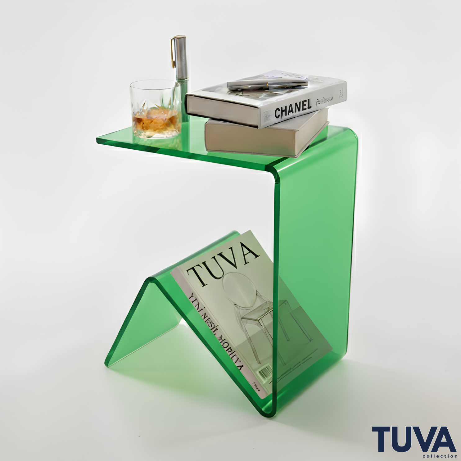 Elan – Tek Parça Bükümlü Şeffaf Akrilik Modern Sehpa | Çarpraz Dengeli Avangard Tasarım | Tuva Premium Mobilya
