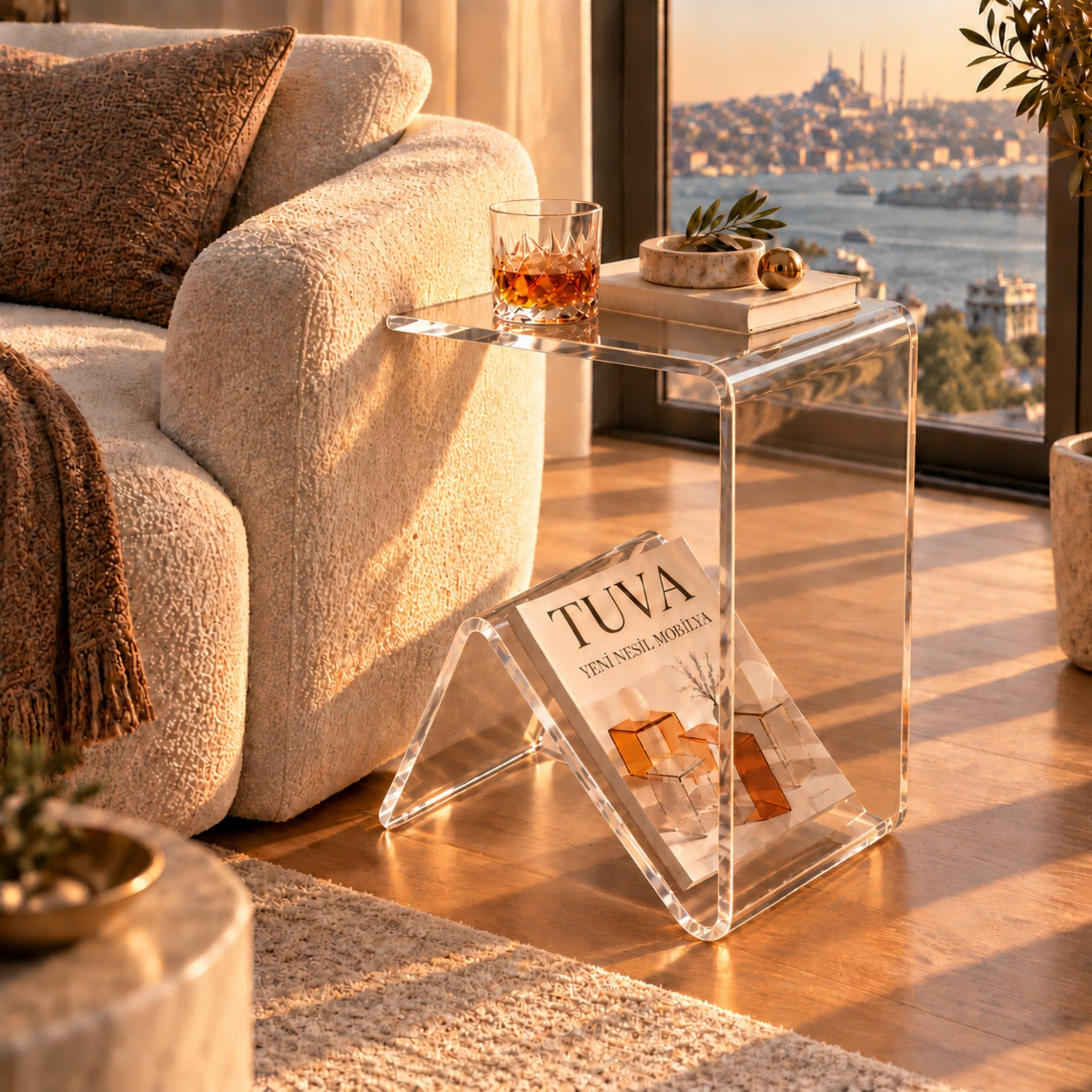 Elan | Tek Parça Bükümlü Şeffaf Akrilik Modern Sehpa | TUVA Collection