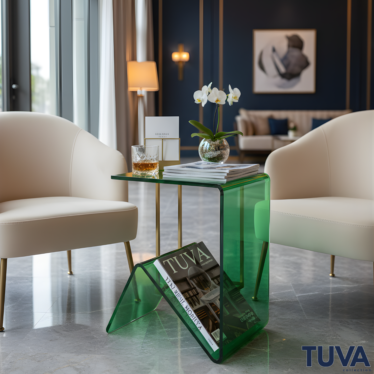 Elan – Tek Parça Bükümlü Şeffaf Akrilik Modern Sehpa | Çarpraz Dengeli Avangard Tasarım | Tuva Premium Mobilya